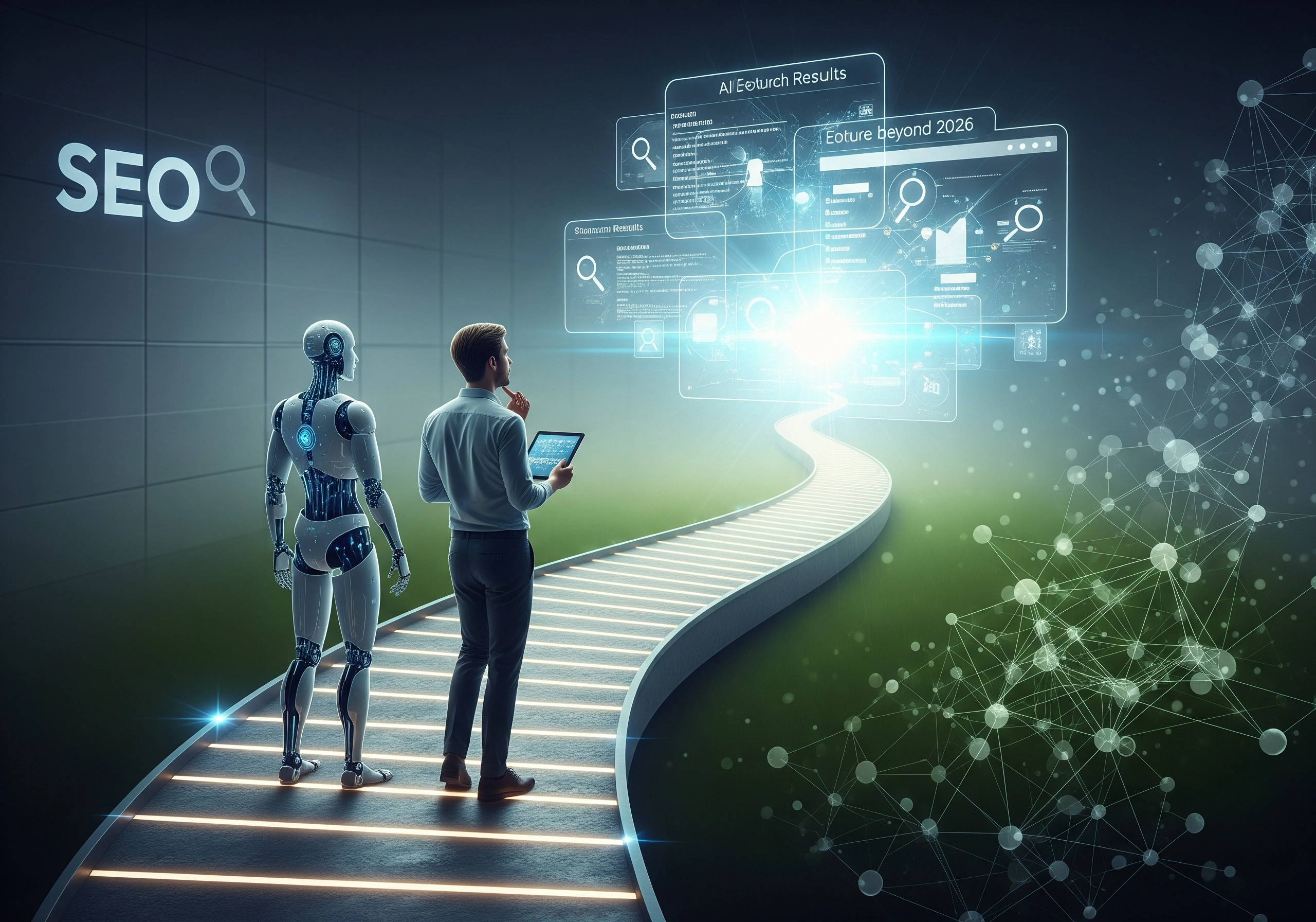 AI SEO content generator: Man and robot analyze search results on a glowing path.