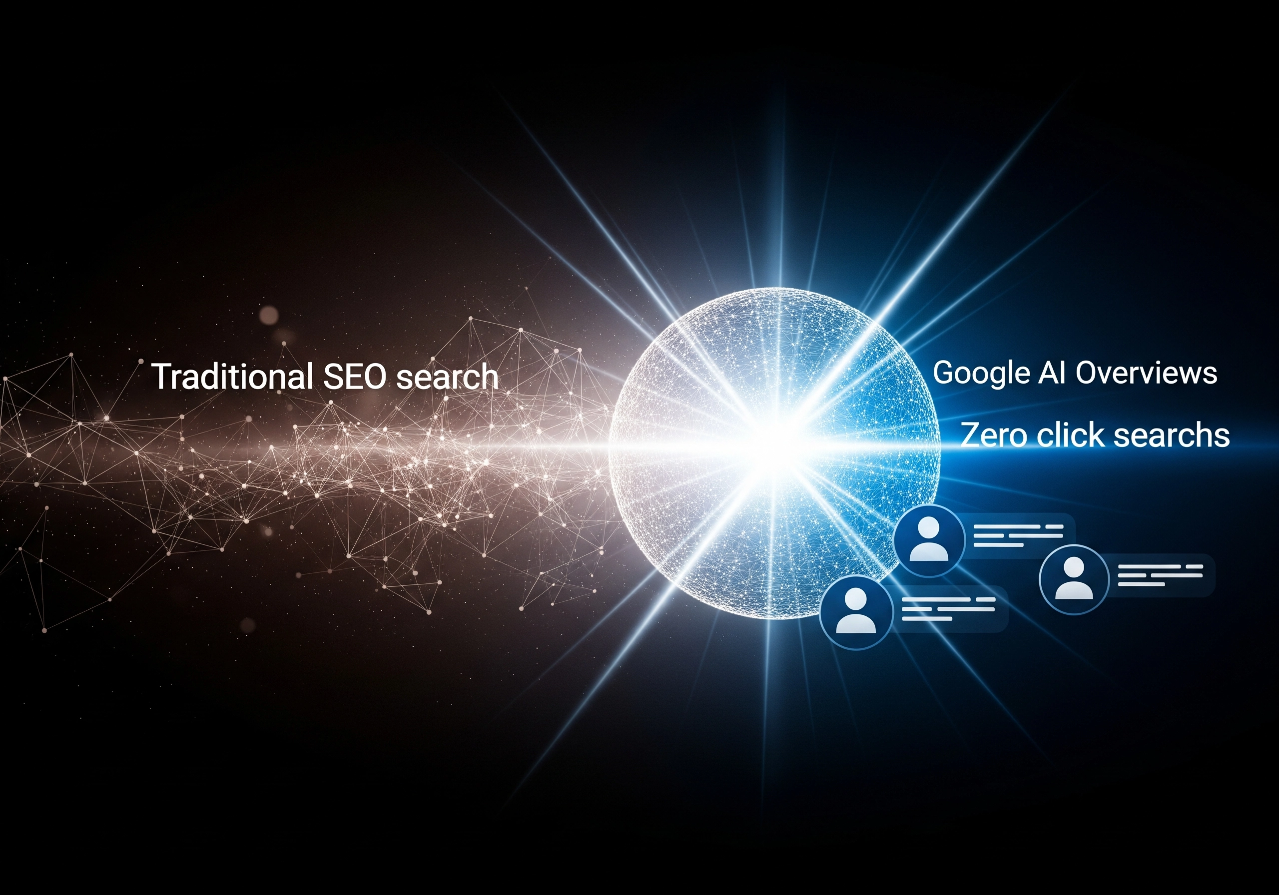 Traditional SEO search vs Google AI Overviews with zero click searches concept.