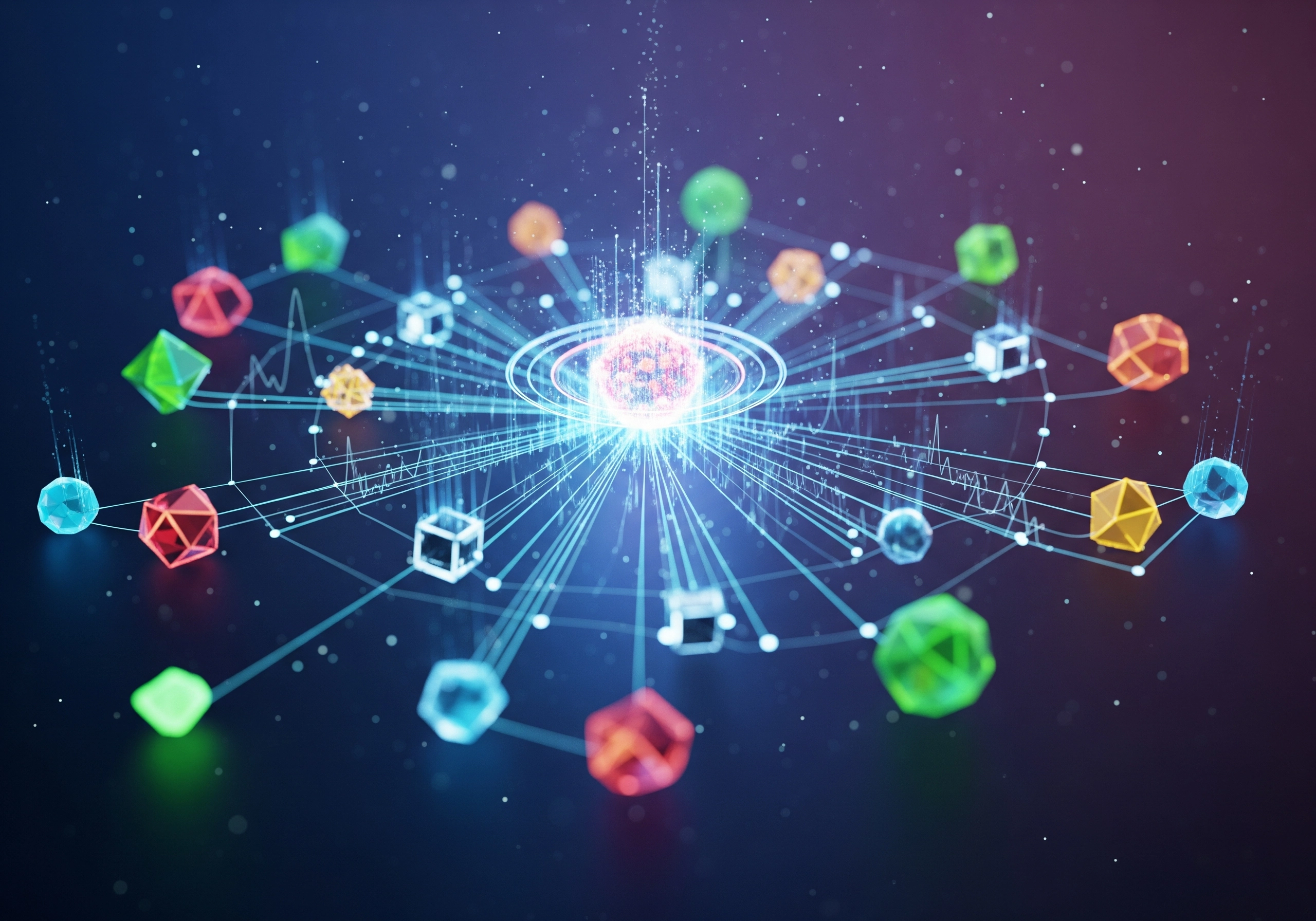 Abstract network of interconnected colorful geometric shapes with light rays.