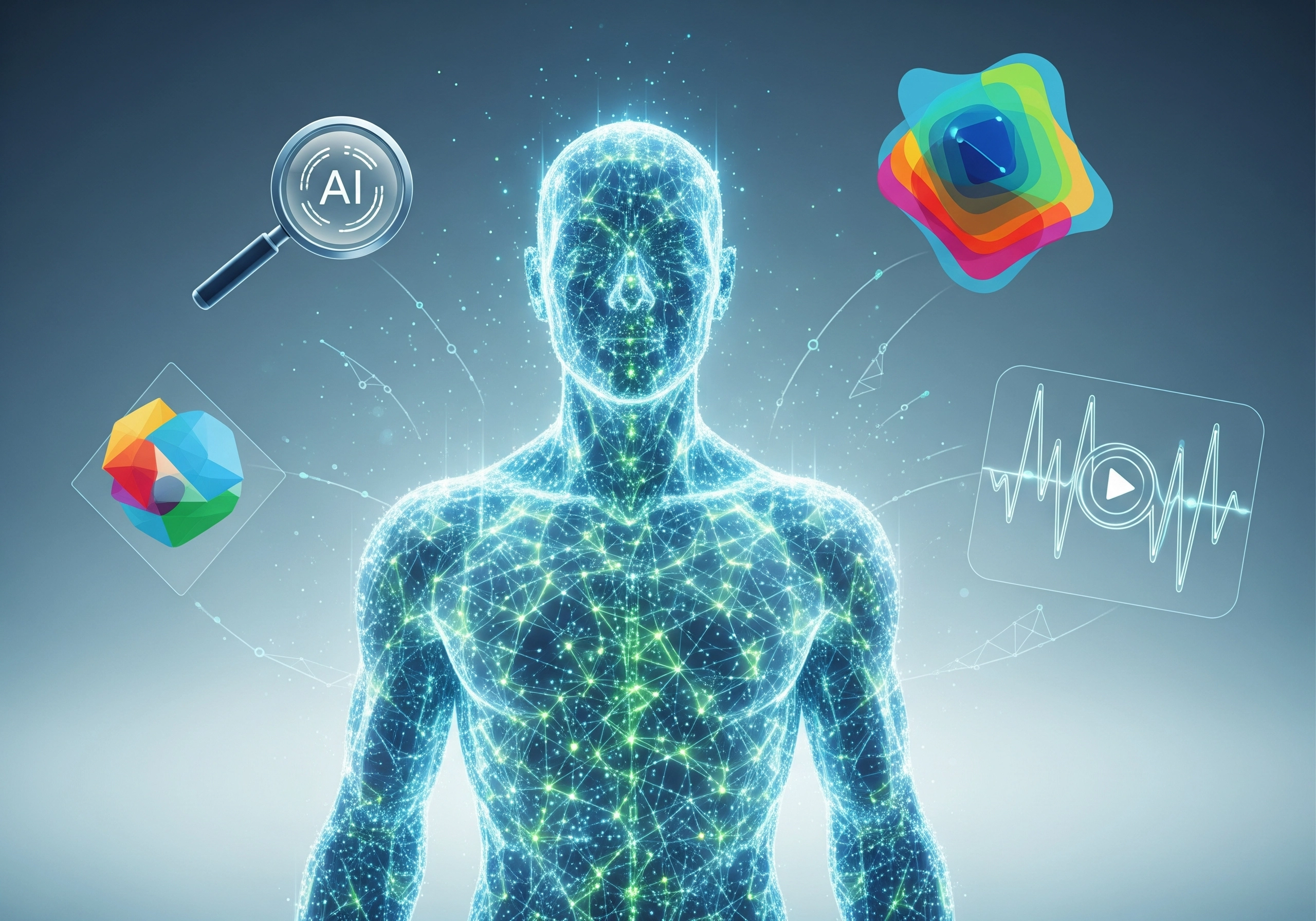 AI human figure with search icon, data points, for AI summary optimization.