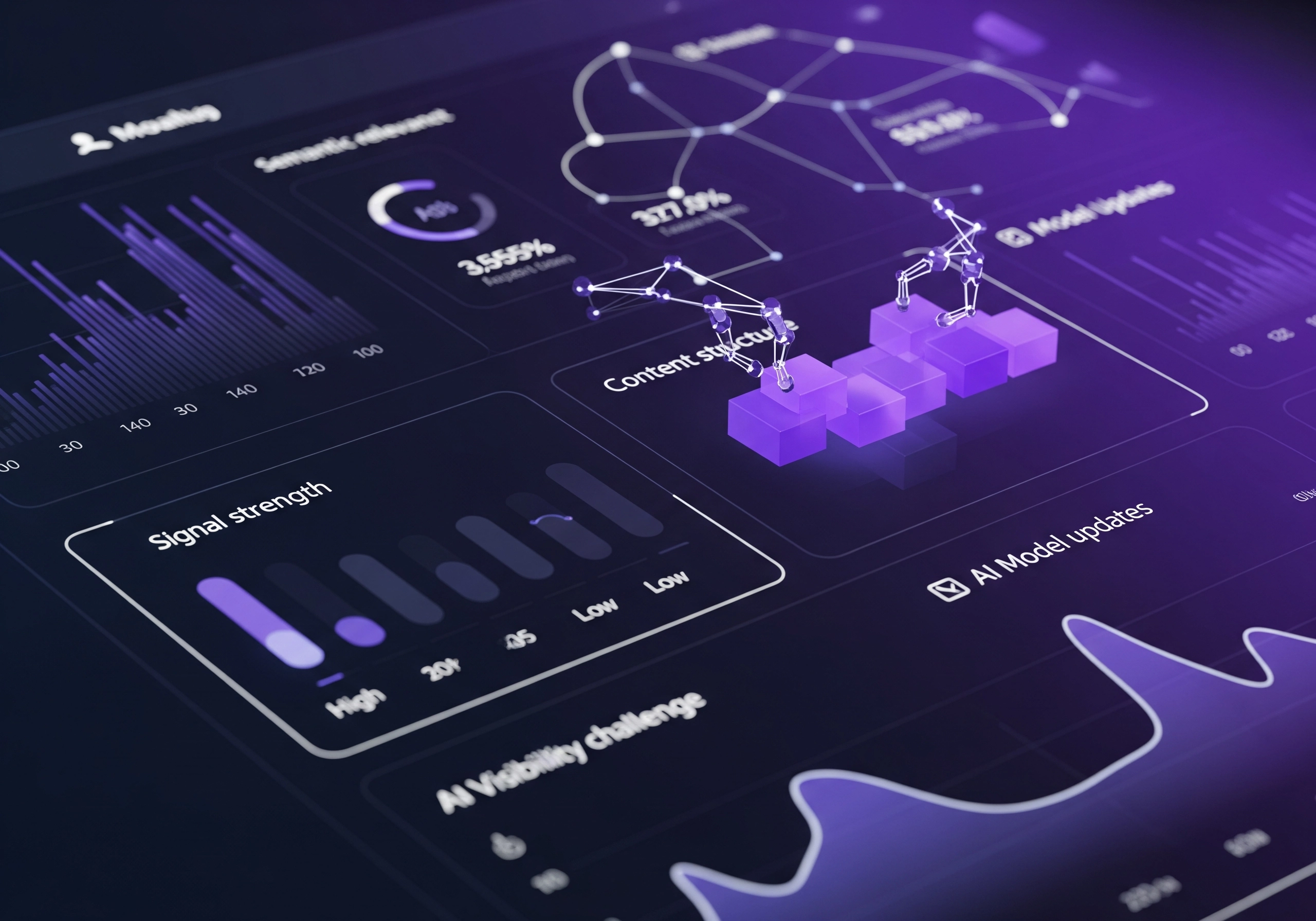AI dashboard showing AI visibility challenge, semantic data, & content structure.
