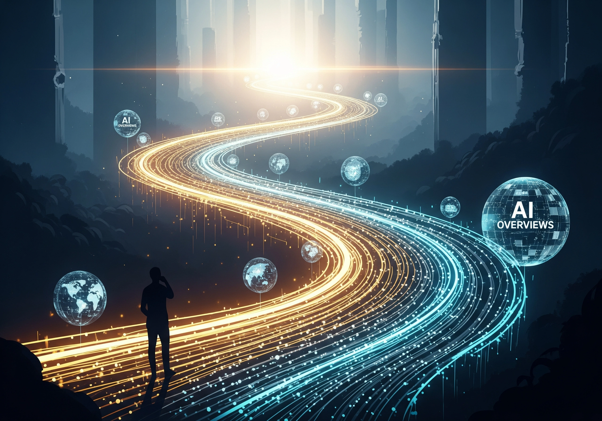 Person looking at an AI SEO content generator path to success, with global views.