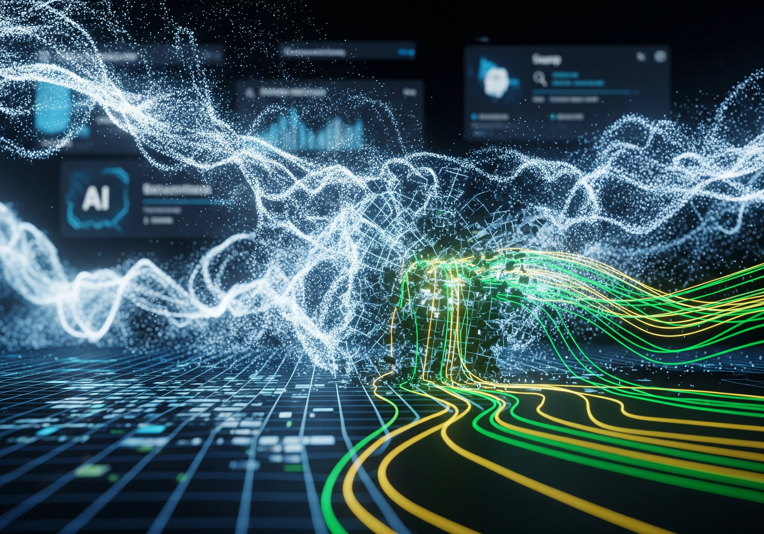 AI data visualization with glowing particles and graphs, showcasing AI SEO content generator.