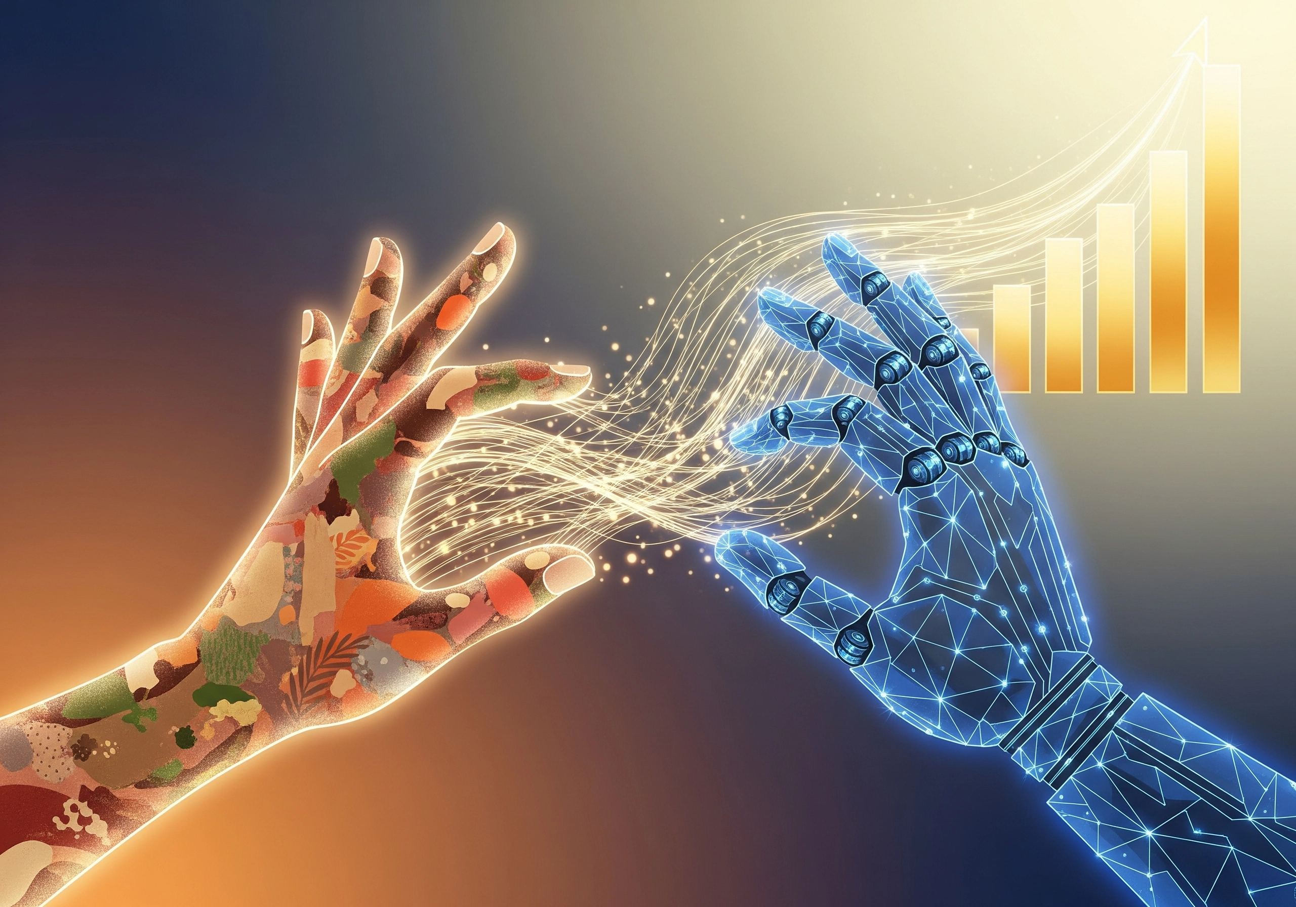 Human hand and AI robot hand reaching with a rising graph showing AI SEO writing tools.