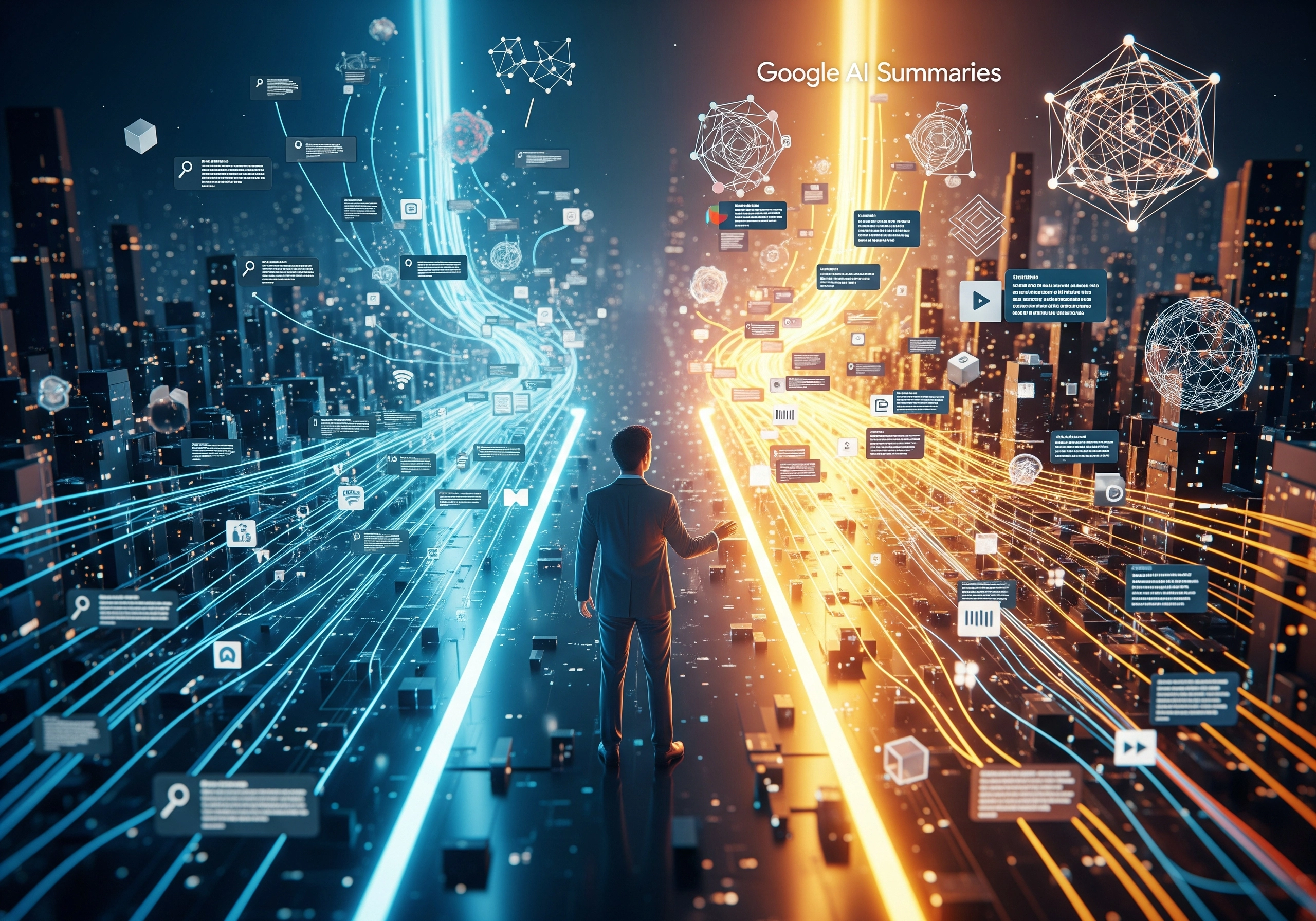 Man standing between blue and gold data streams, Google AI Summaries concept.