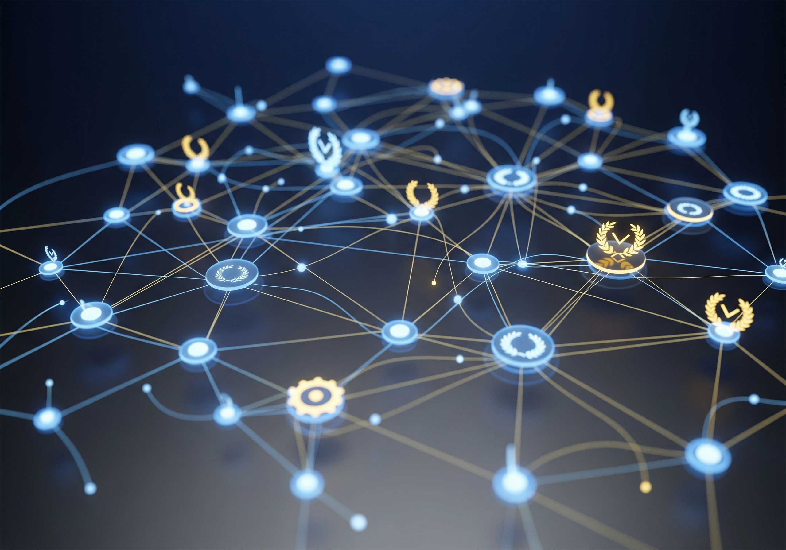 Interconnected nodes with icons, visualizing semantic SEO for AI content visibility strategies.