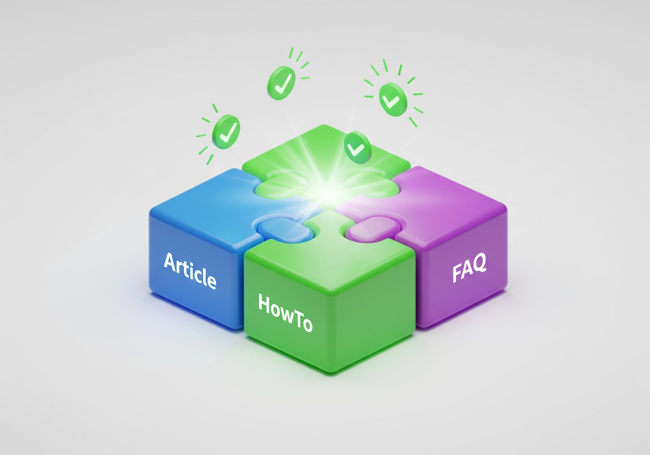 Four puzzle pieces labeled Article, HowTo, FAQ, suggesting AI summary optimization tips.