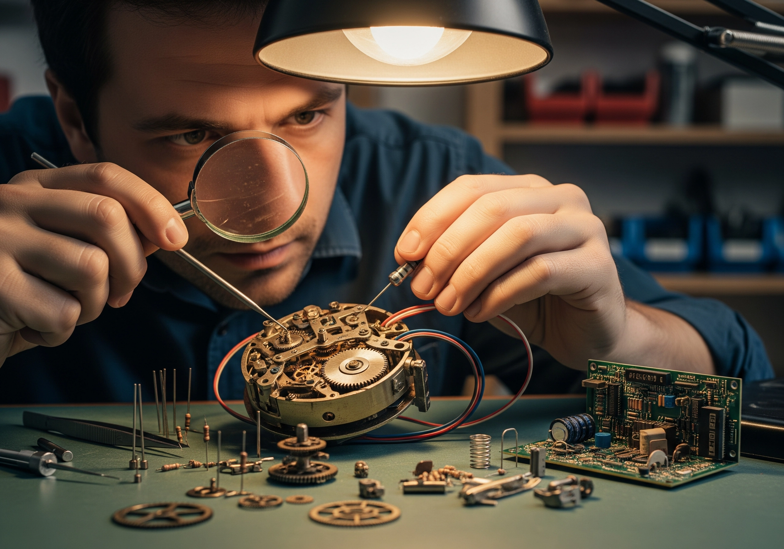 Man repairing watch with magnifying glass, illustrating semantic SEO for AI content.