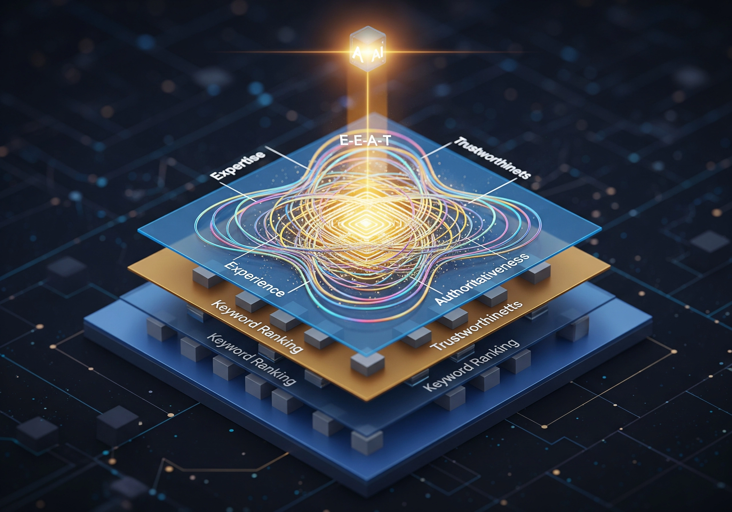 E-E-A-T concept layers for SEO with 'Expertise, Experience, Authoritativeness, Trustworthiness' visualized.