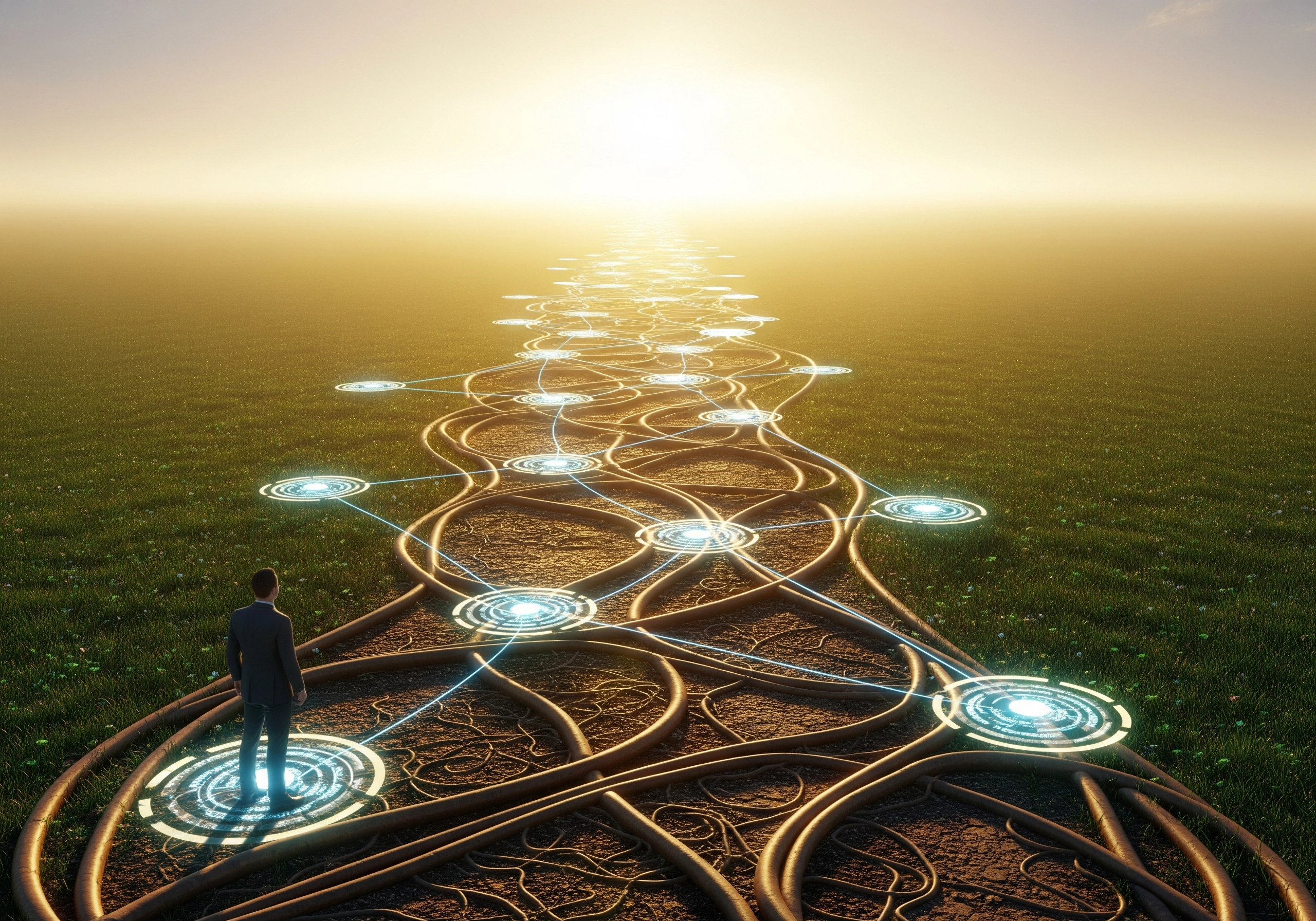 Man standing on glowing node, pathway of connected nodes towards horizon, symbolizes AI SEO blog generator.