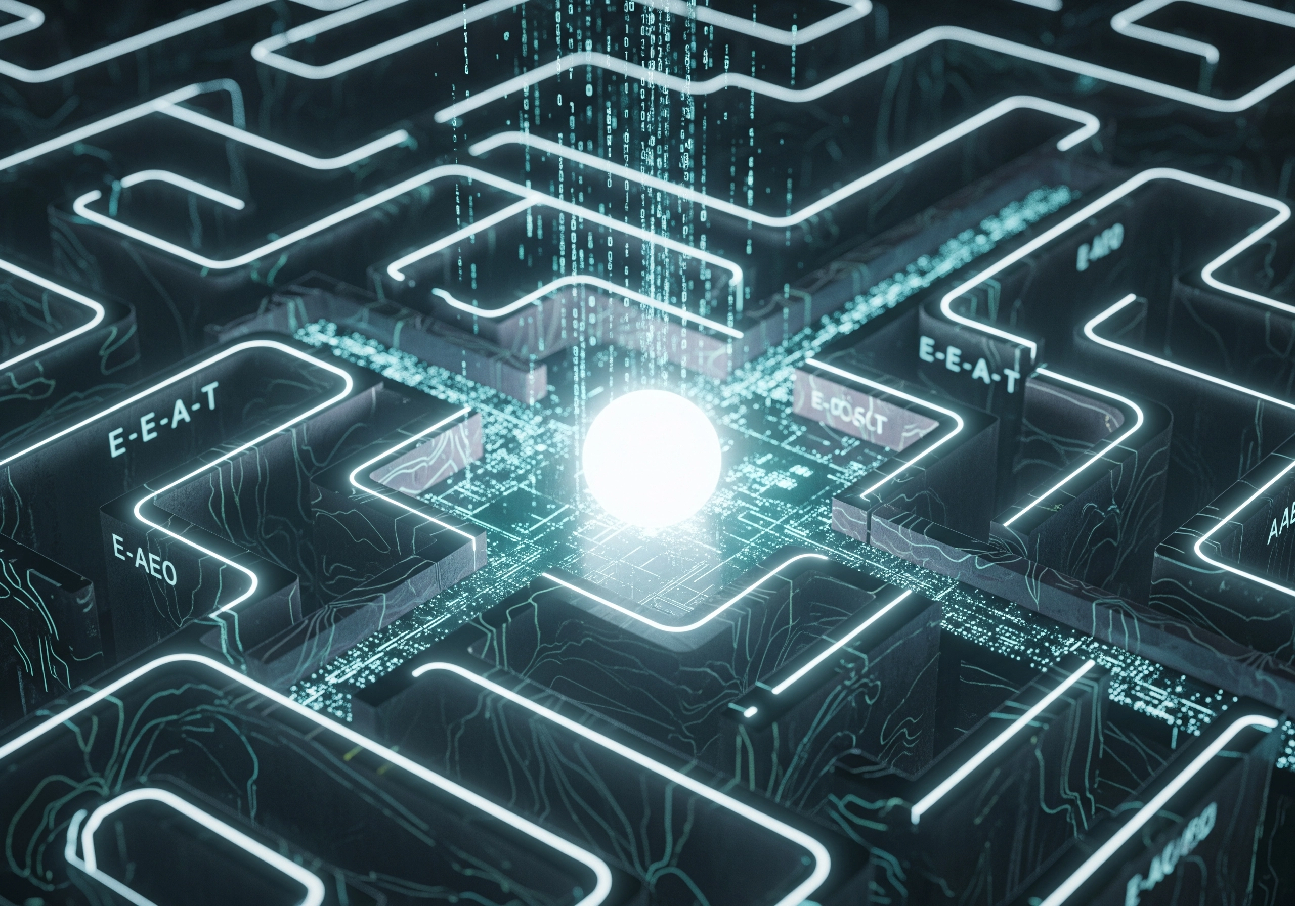 Glowing sphere in a maze with E-E-A-T labels, concept for AI SEO content