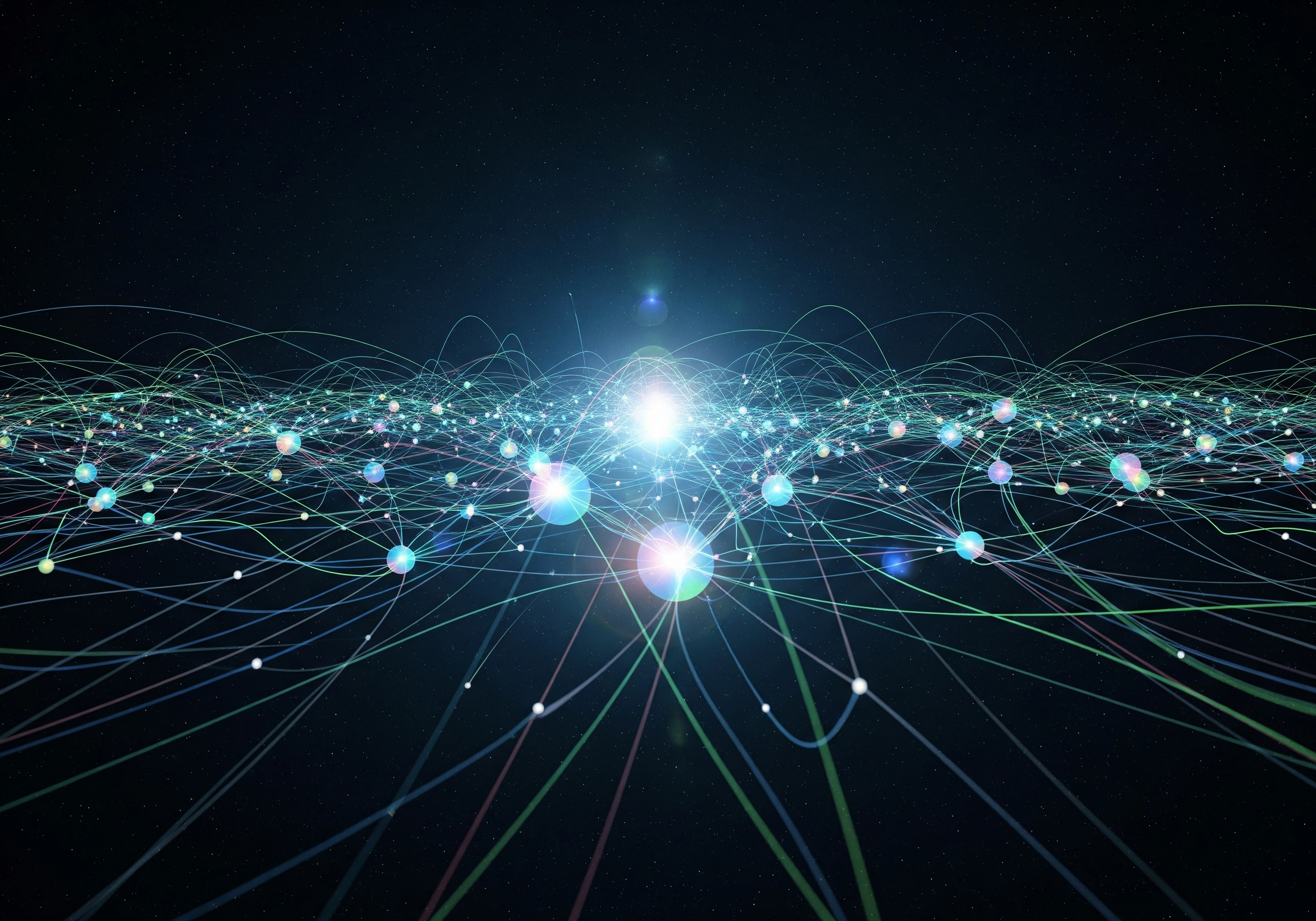Network of interconnected nodes and lines against a starry background, data connections