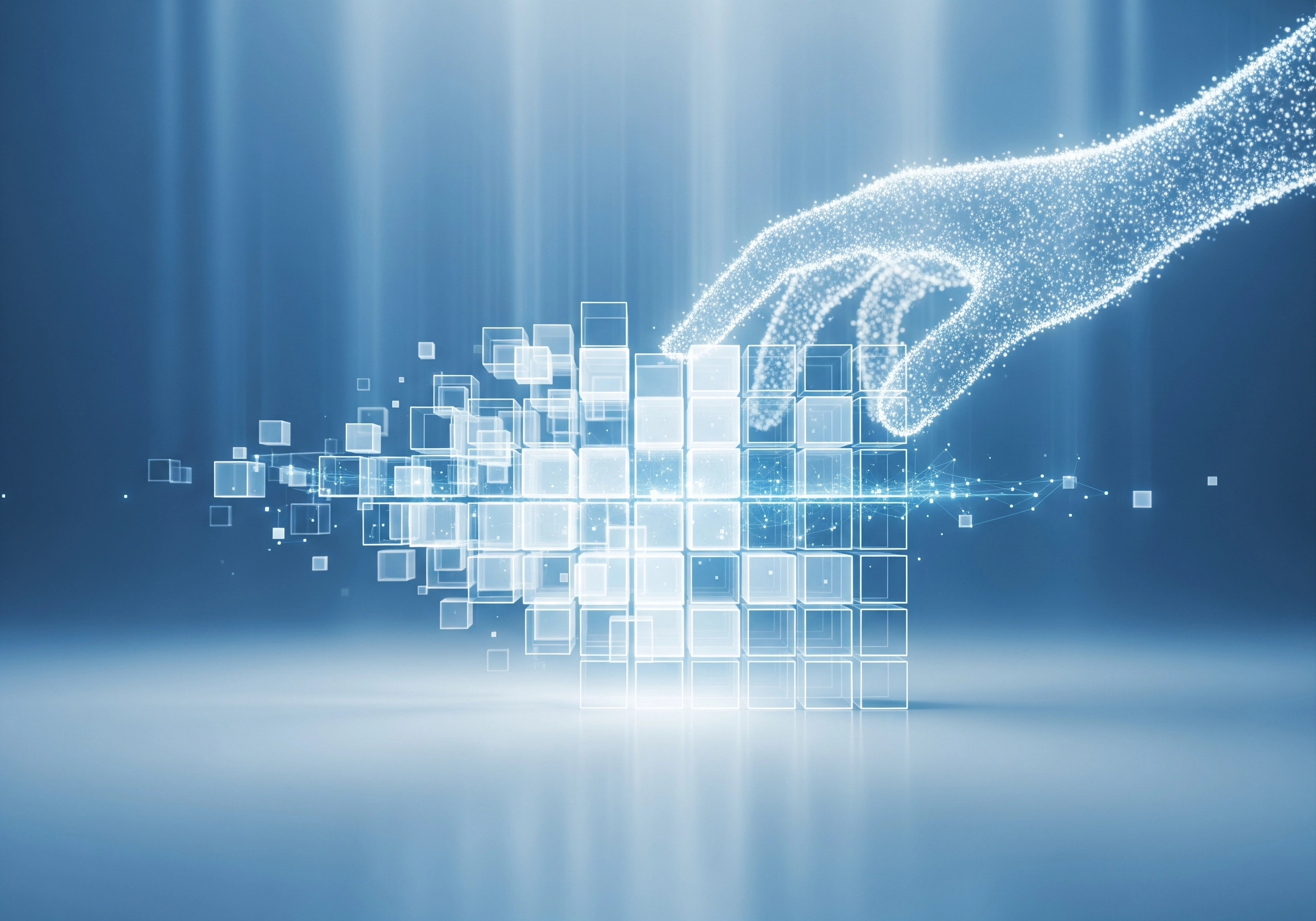 Digital hand interacting with a grid of data blocks, concept for AI content.