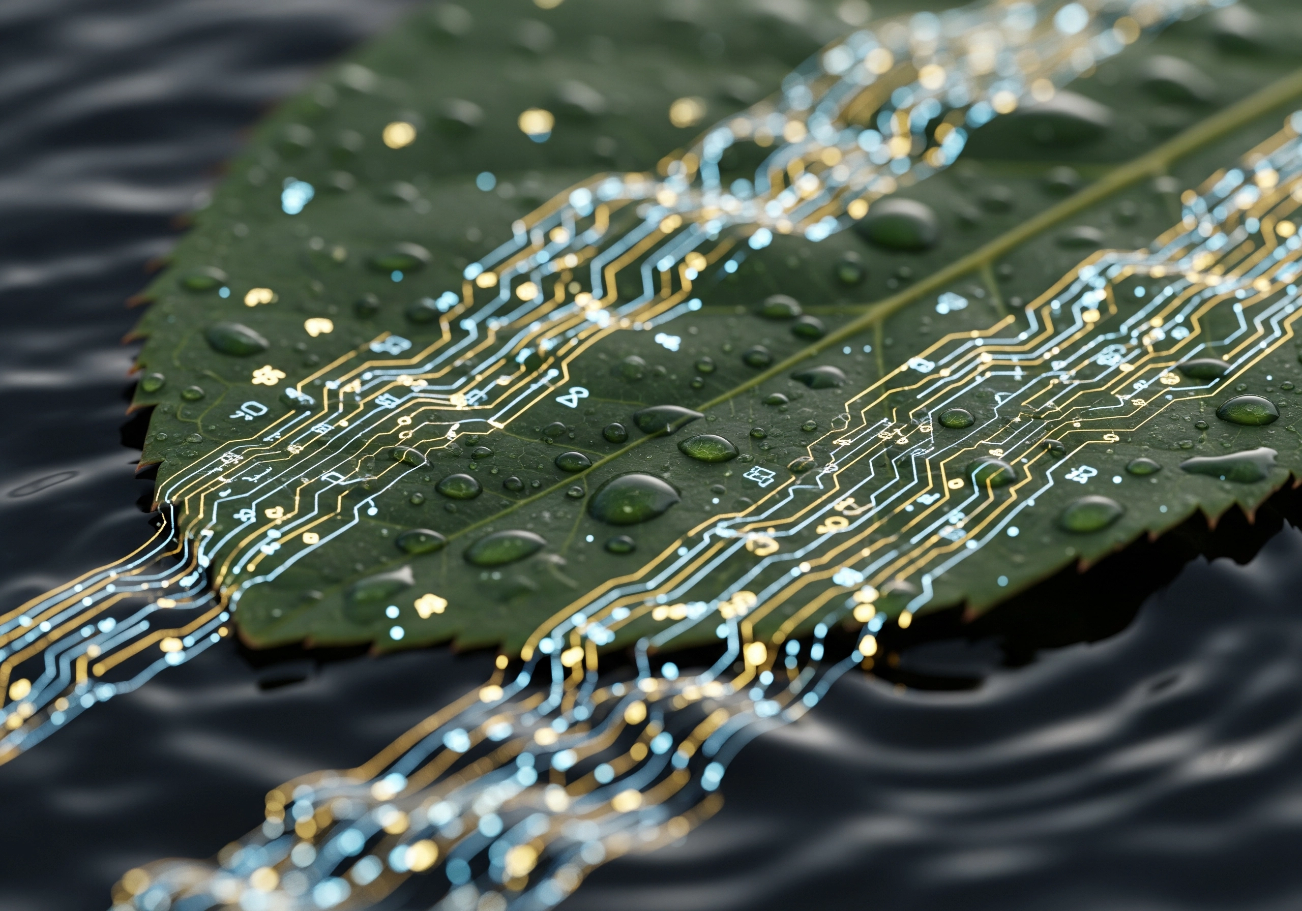 Leaf with circuit board pattern and water droplets, representing AI content for SGE.