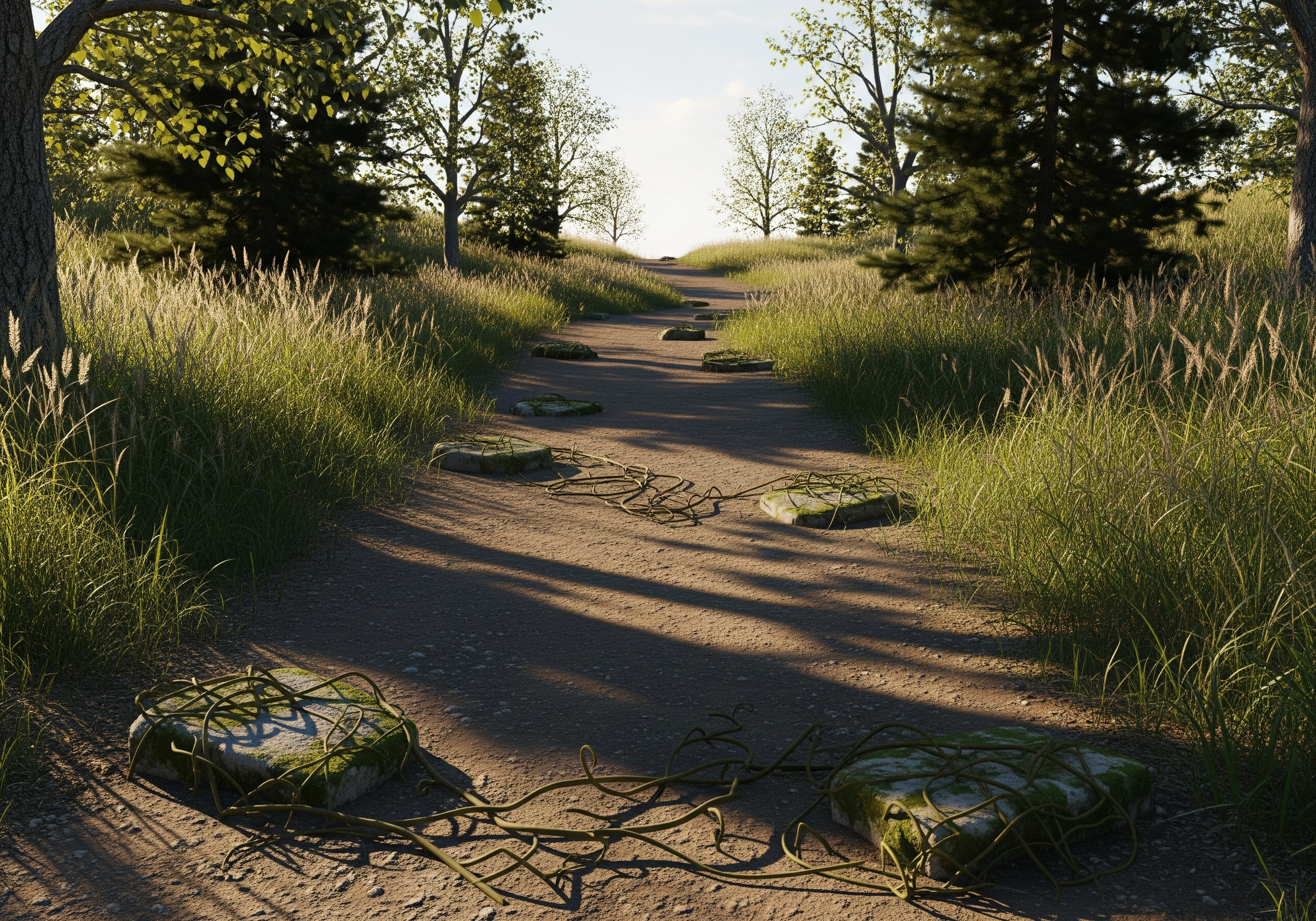 Sunlit stone path through grassy landscape, showing future of SEO 2026 possibilities.