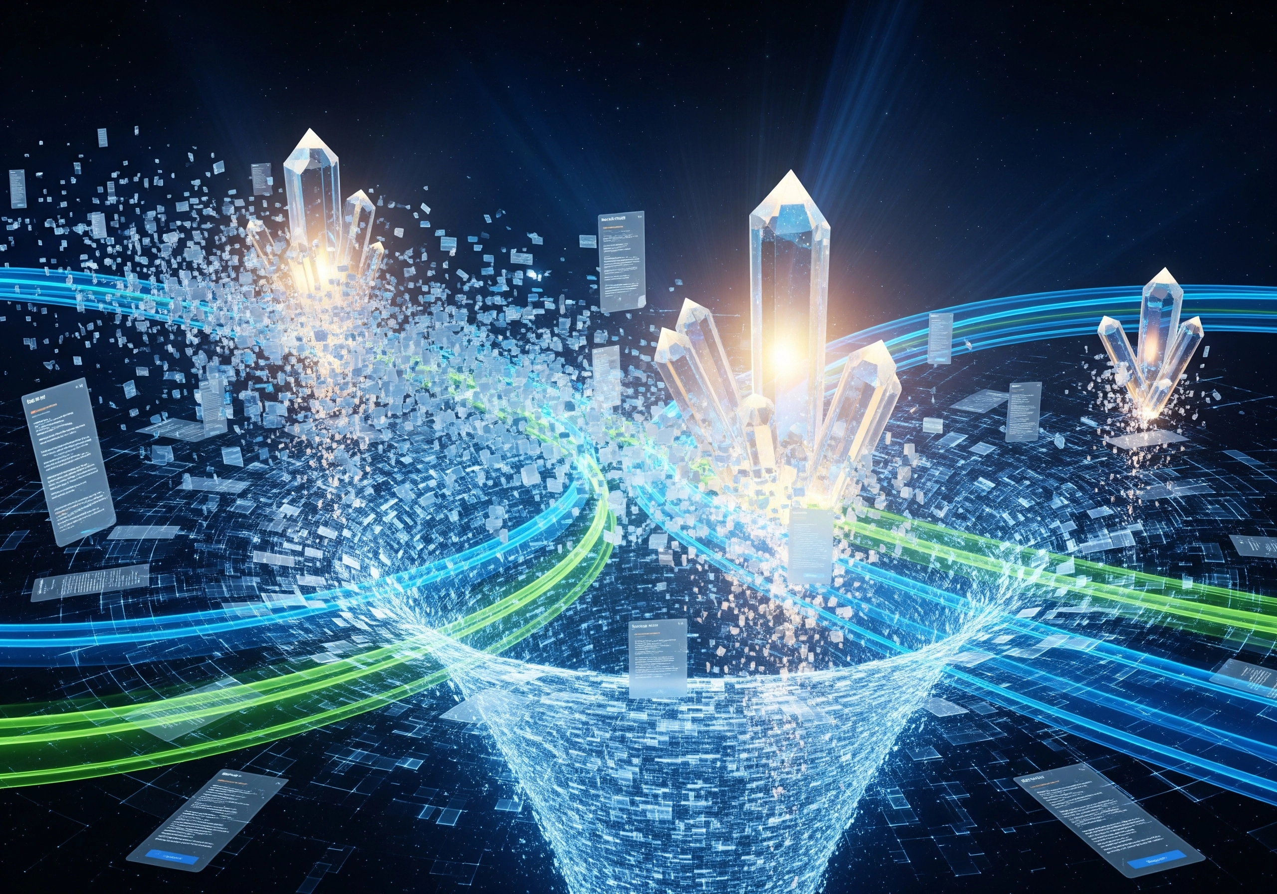 Abstract data stream with crystals, representing AI SEO content generator tools extracting information.