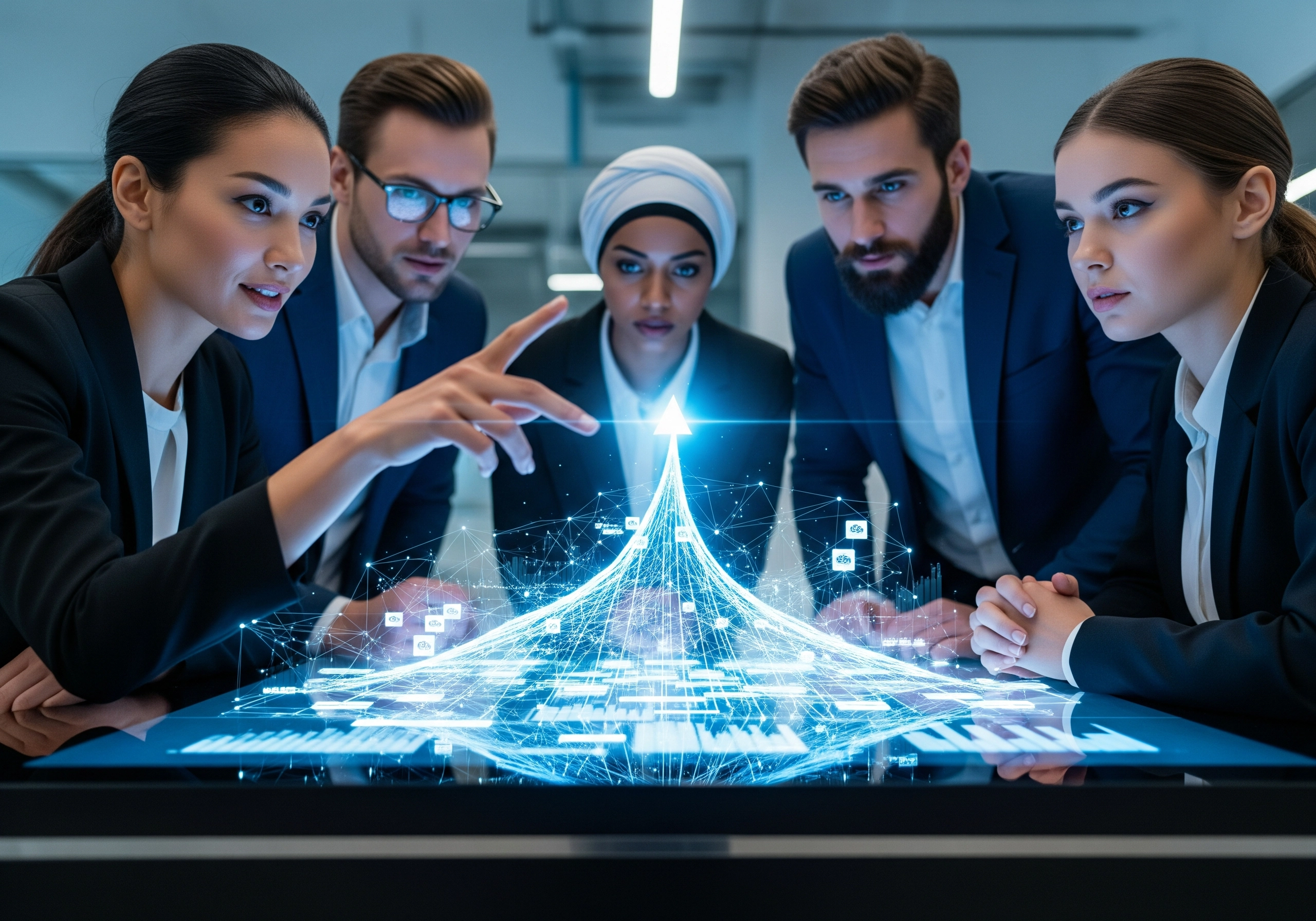 Business team analyzing AI content strategy on a digital table, showcasing 2026 SEO insights.