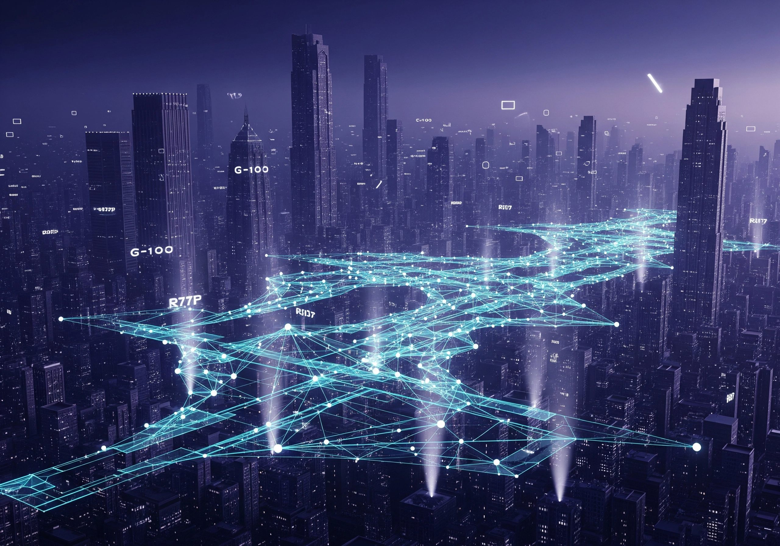 Futuristic cityscape with glowing data network, representing AI SEO content generator tools.