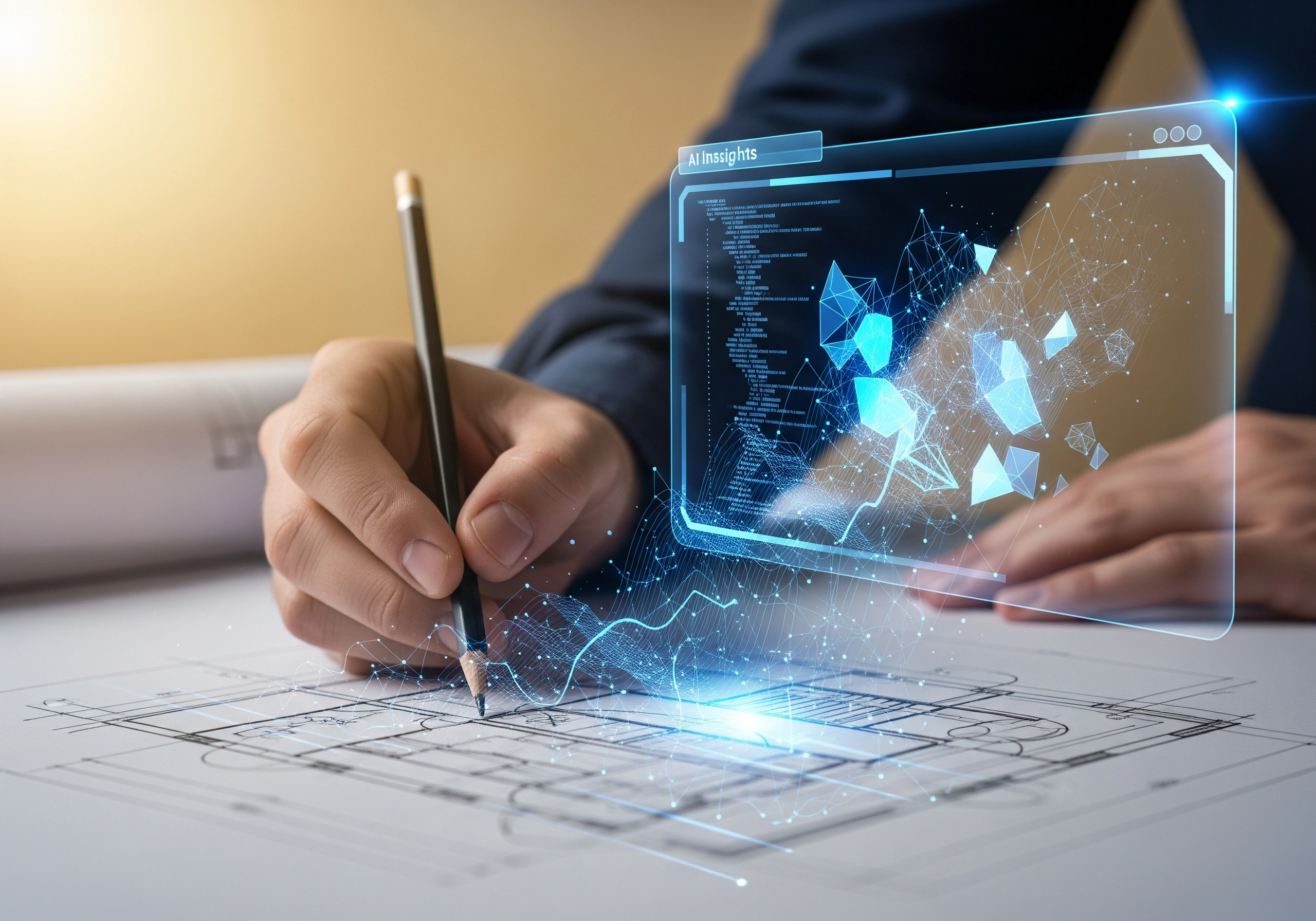 Architect drawing plans with AI insights interface, for AI SEO writing tools.