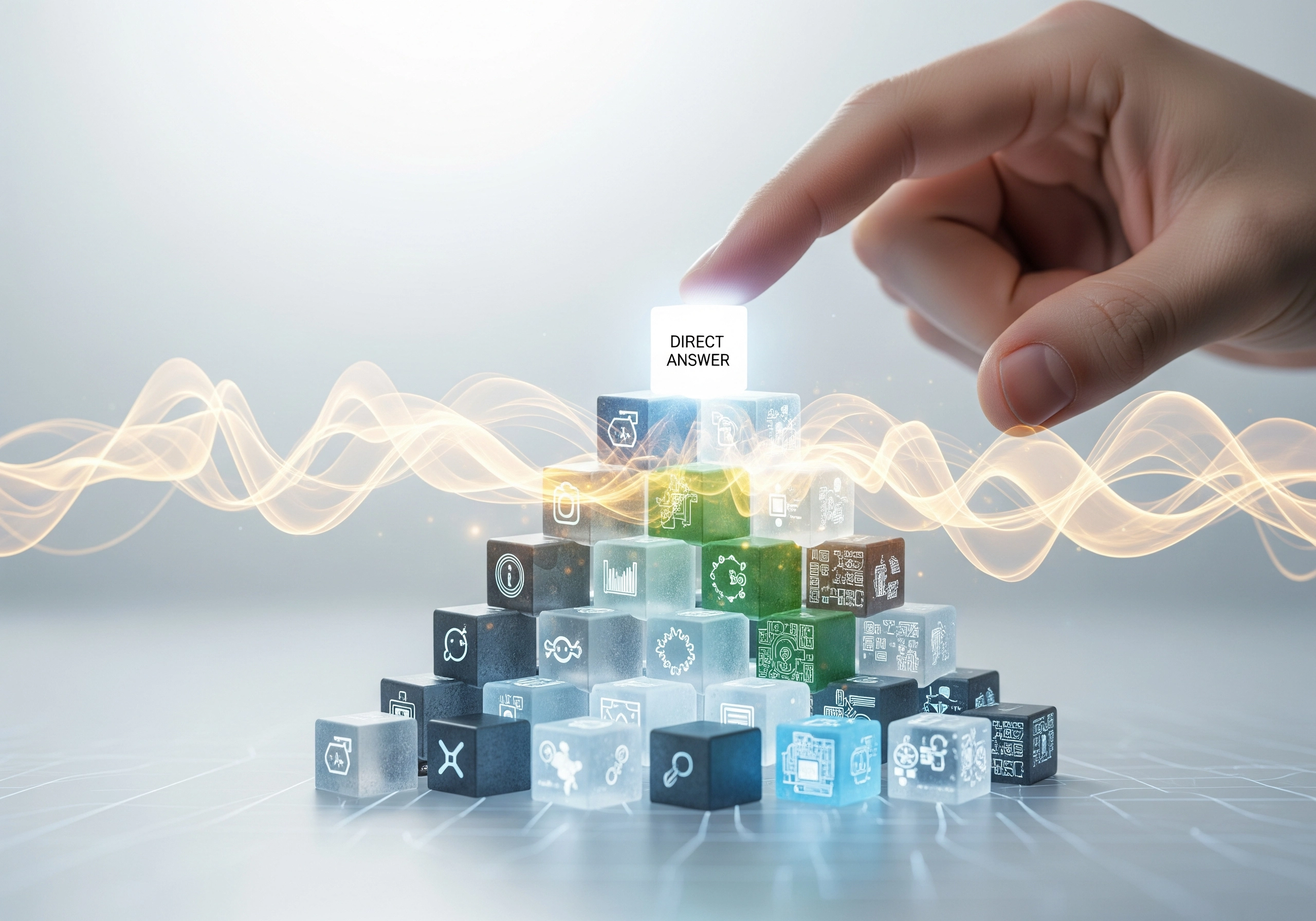 Hand selecting 'Direct Answer' cube from AI-themed blocks, representing Google AI results.