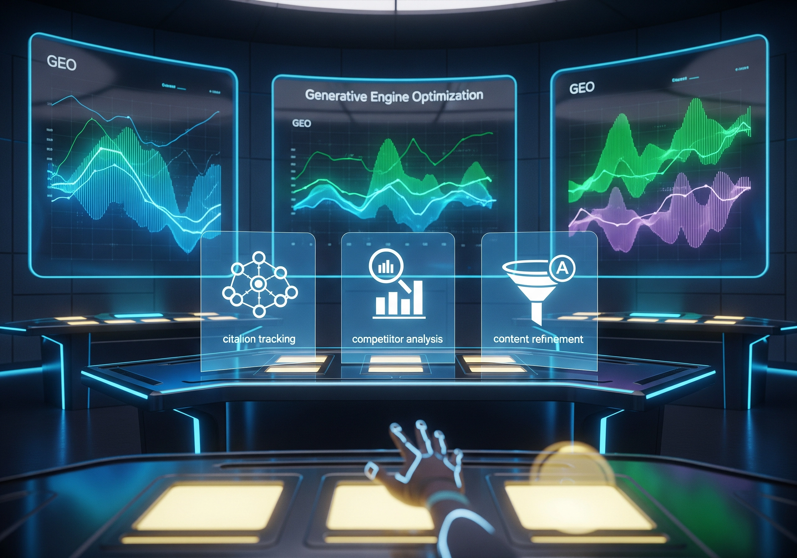 Generative Engine Optimization (GEO) dashboard with citation tracking and competitor analysis.