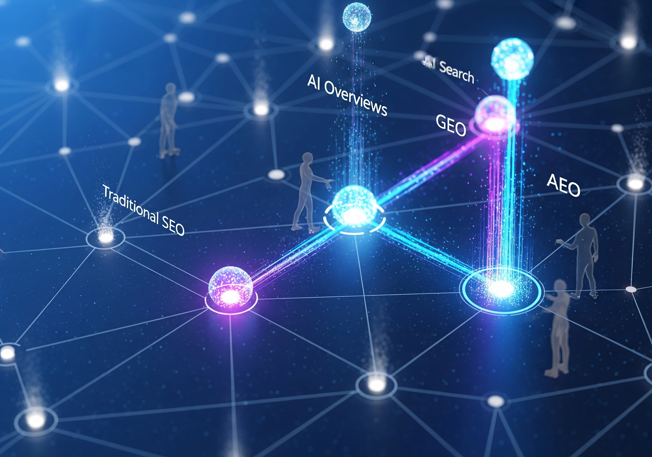 AI SEO network diagram, showing connections between AI Overviews, Traditional SEO, and Search.