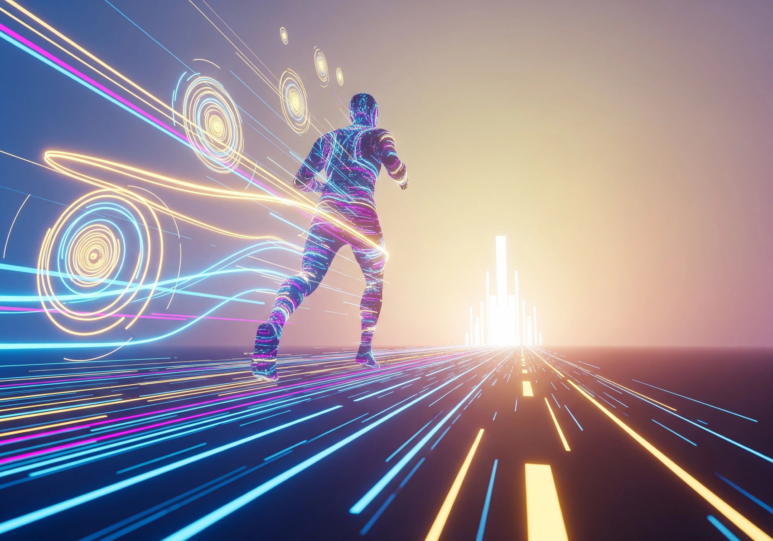 Digital runner with light trails, symbolizing fast-track AI SEO content generation.