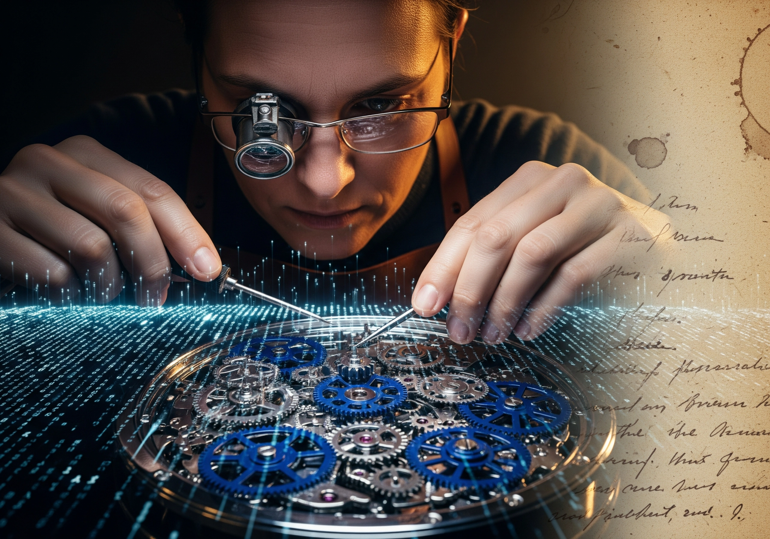 Watchmaker repairing intricate gears, symbolizing human craft versus AI.
