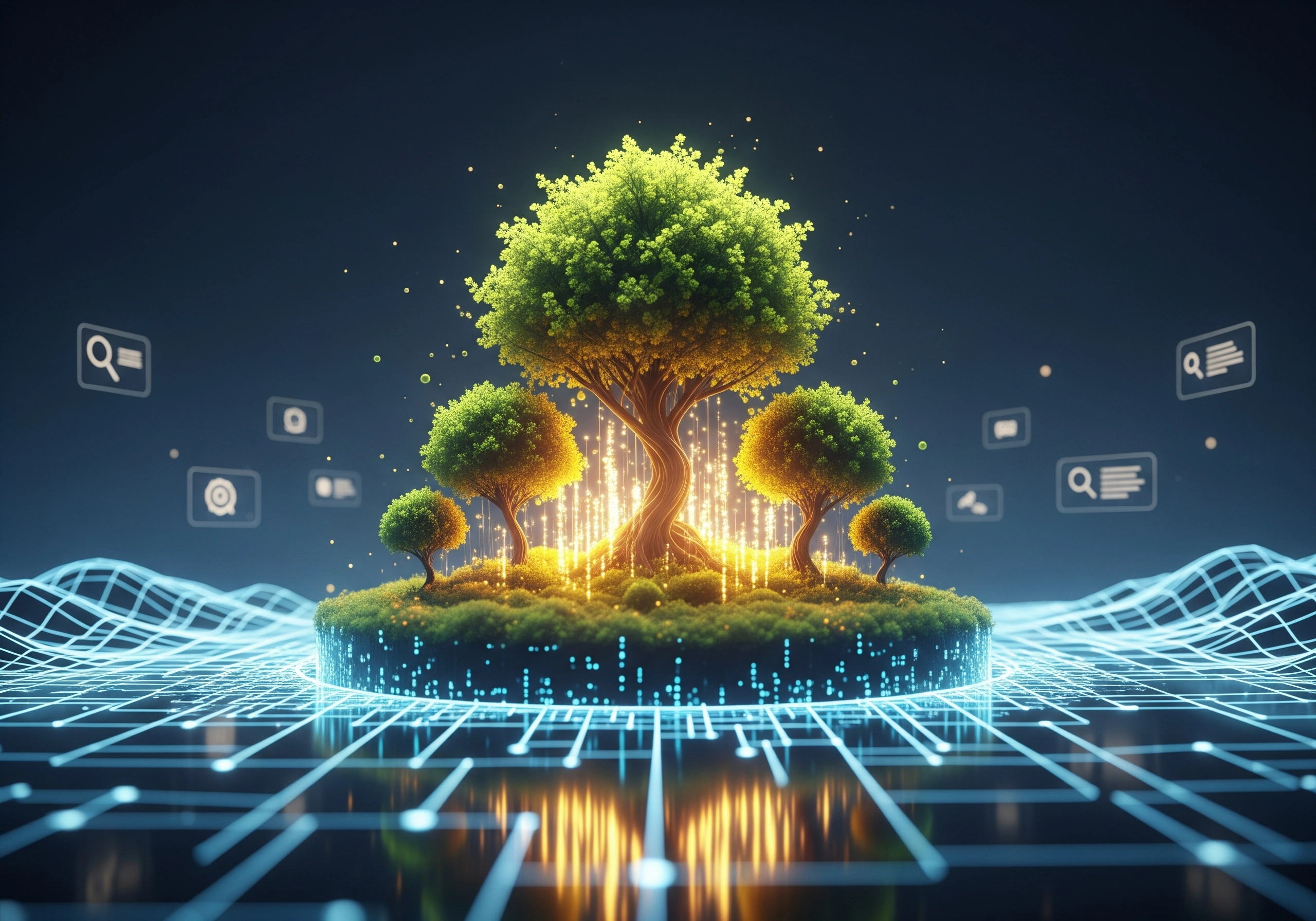 Glowing trees on digital island, representing SEO friendly blog generation.