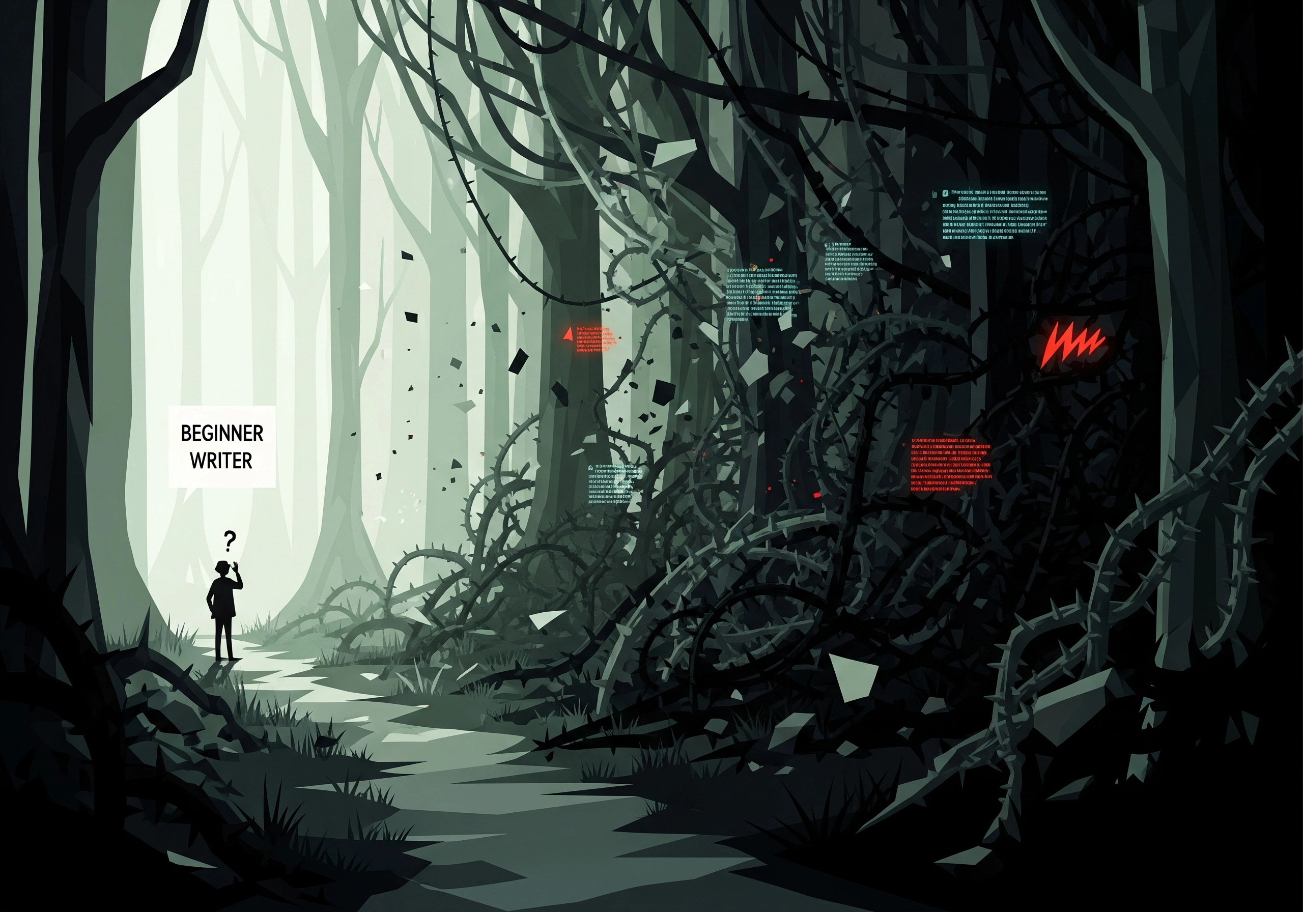 Silhouette of writer facing tangled thorns, representing the challenge to humanize AI content.