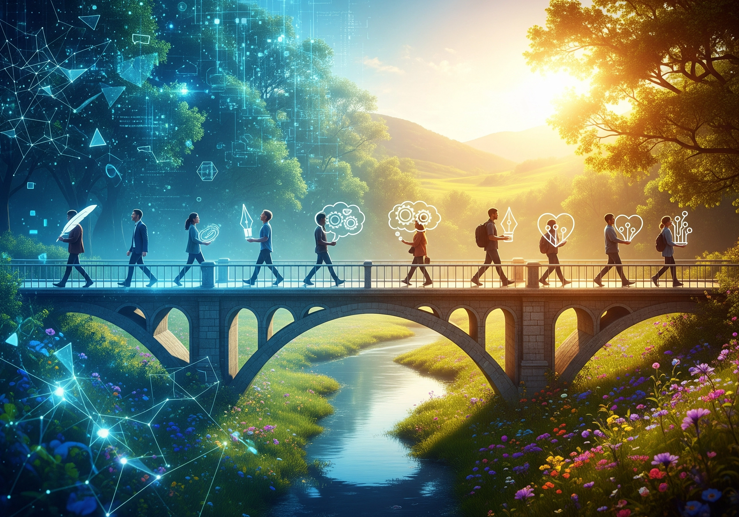 People walking from a digital world into a natural world, bridging AI and human creativity.
