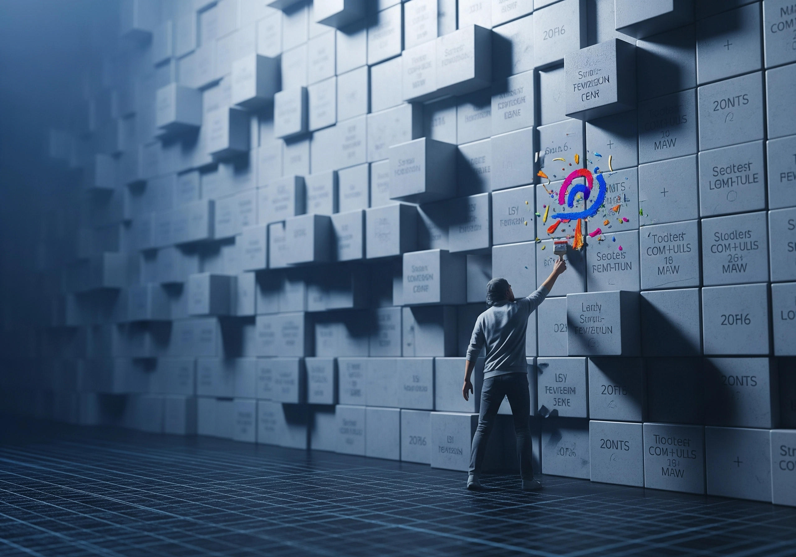 Person drawing colorful symbol on a wall of blocks with text, representing AI content.