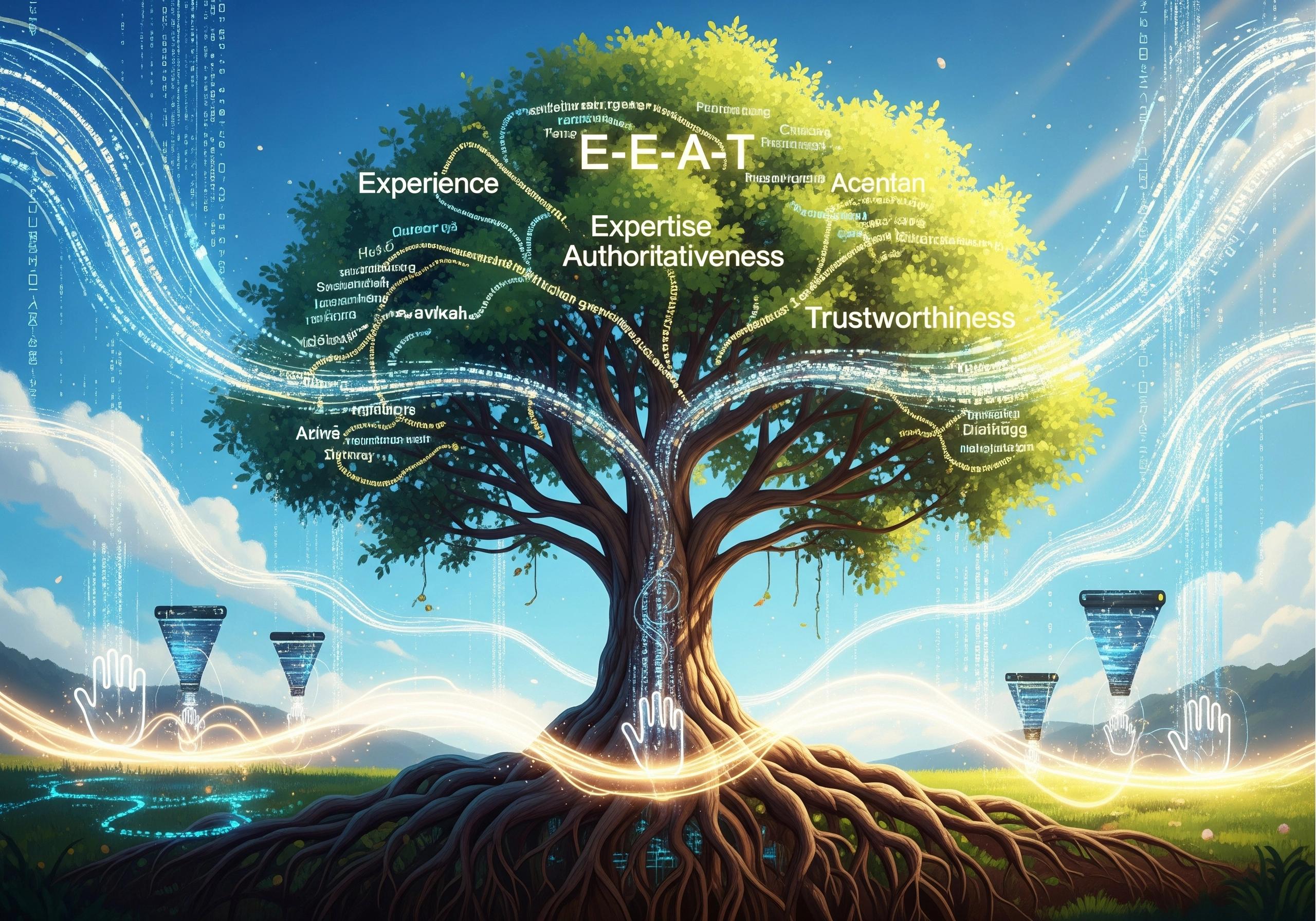 Tree with E-E-A-T (Experience, Expertise, Authoritativeness, Trustworthiness) keywords, representing SEO.