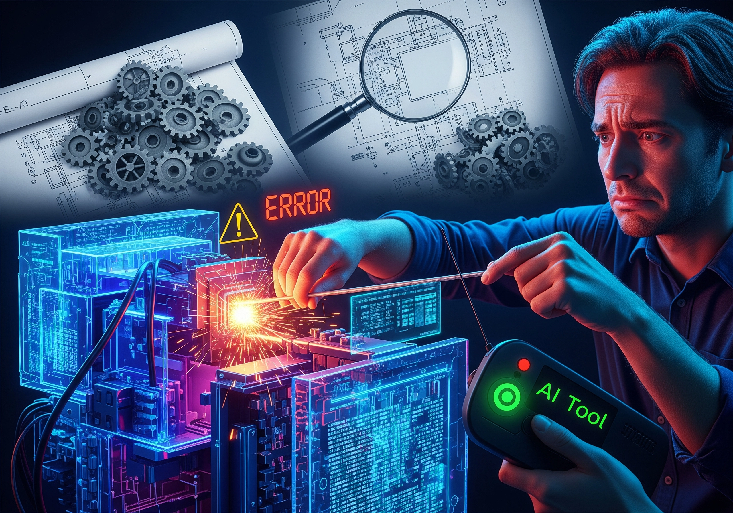 Frustrated man holding an 'AI Tool' over a complex machine with 'ERROR' text, symbolizing the need to humanize AI-generated content.