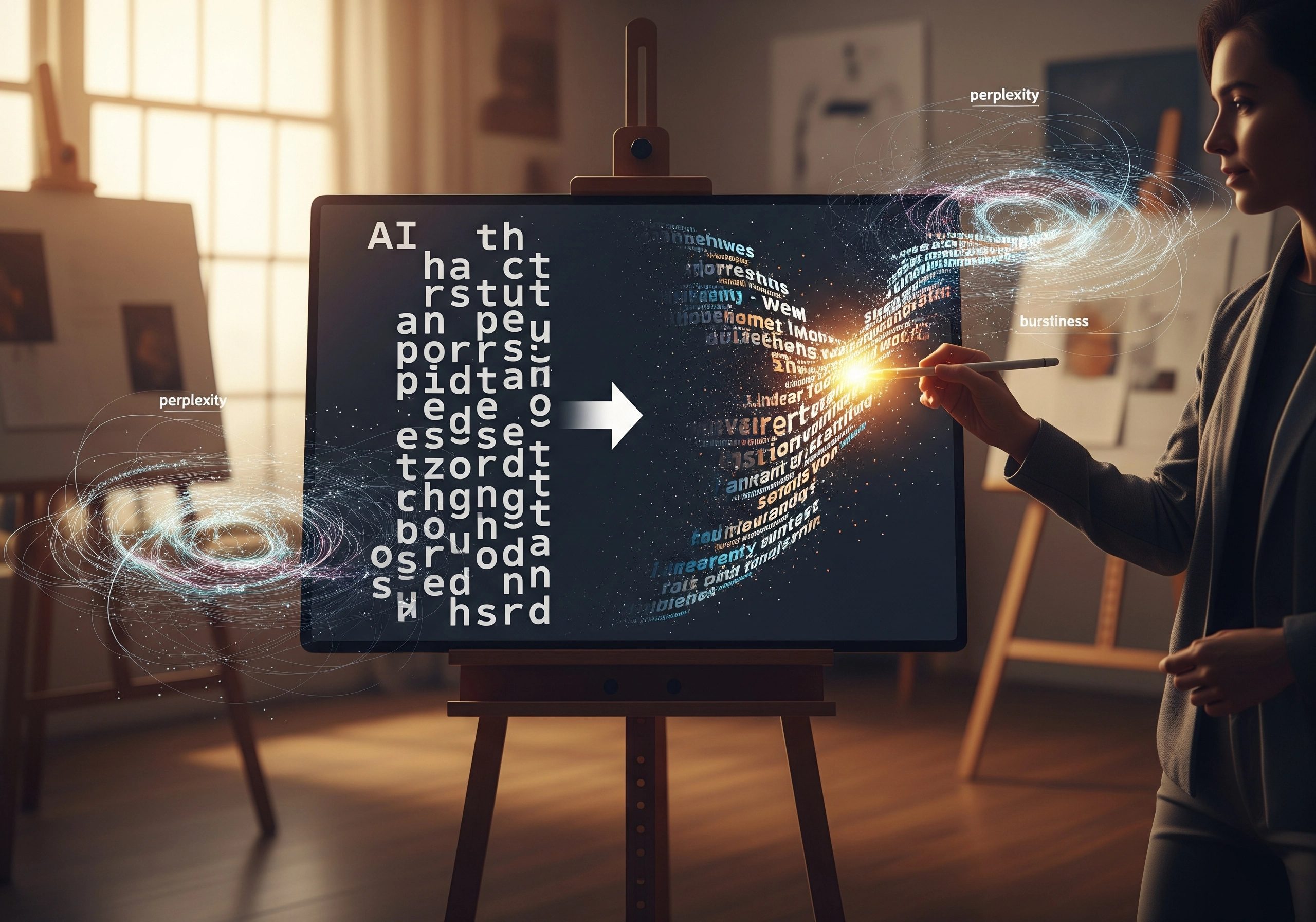 Woman using a stylus to transform garbled text into flowing text on a screen, representing AI content humanization.