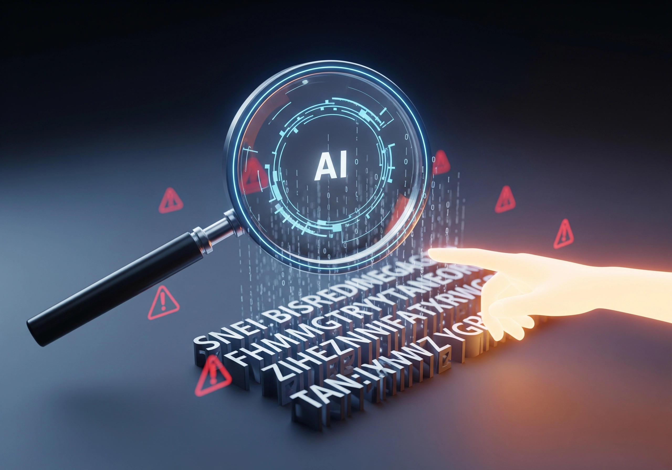 Magnifying glass over scrambled text, detecting AI writing in need of humanizing.