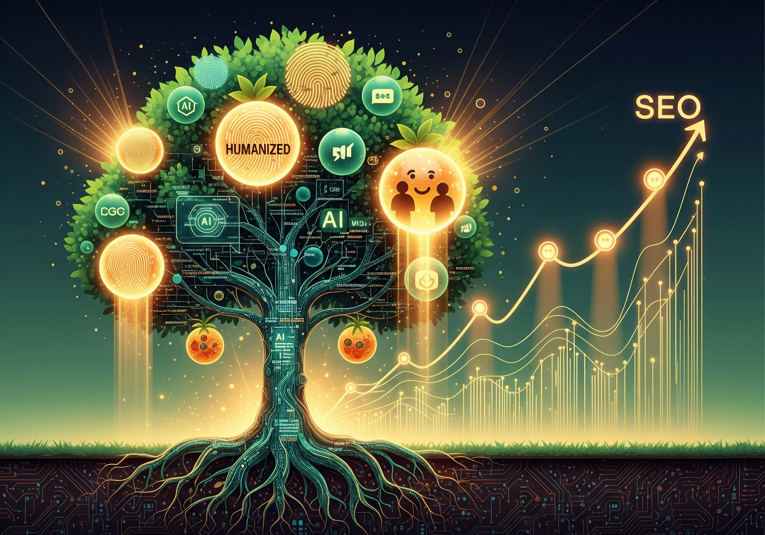 Tree with 'Humanized' fruit and rising SEO graph, depicting undetectable AI writing.