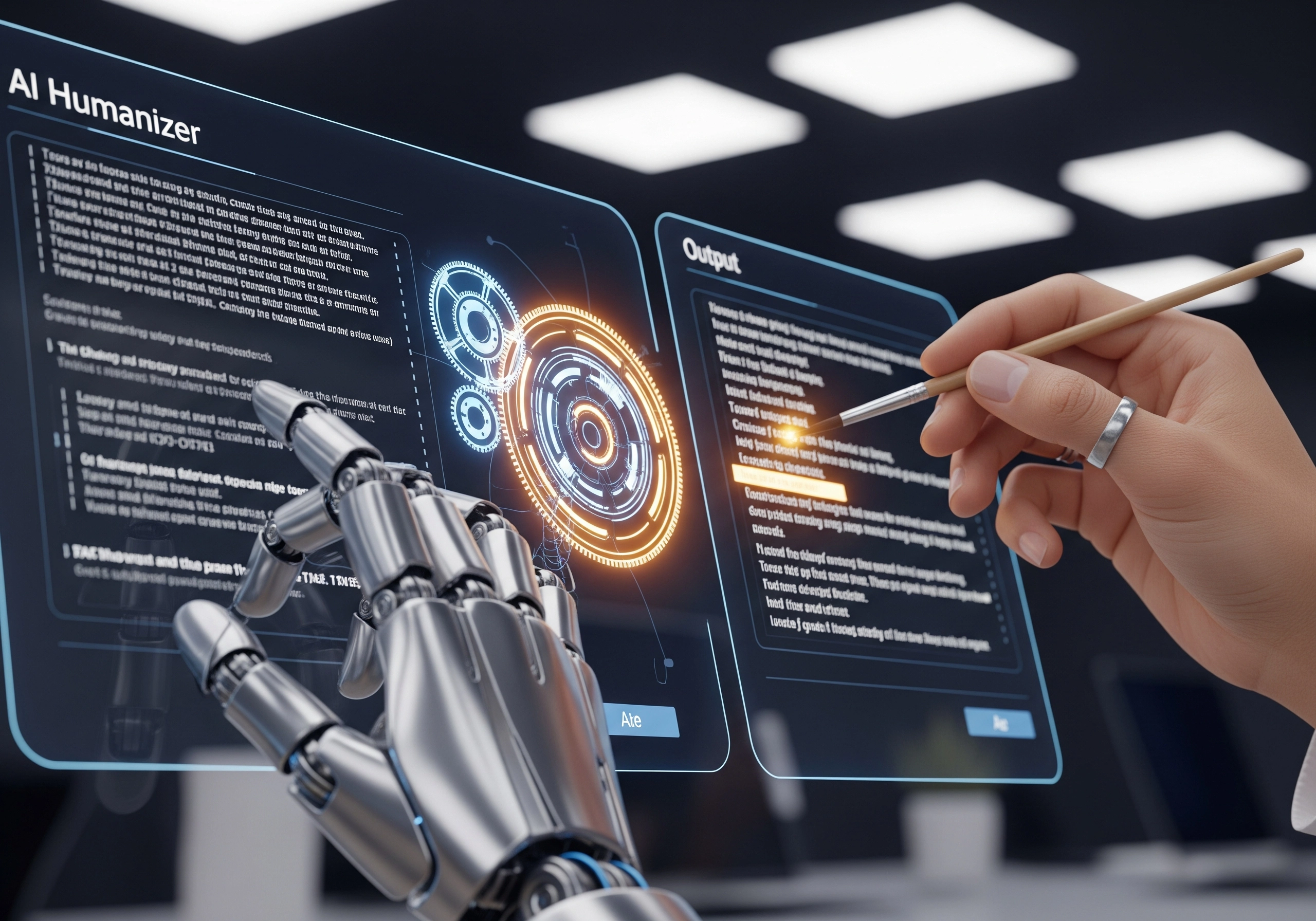 AI humanizer interface showing human hand and robotic arm editing text.