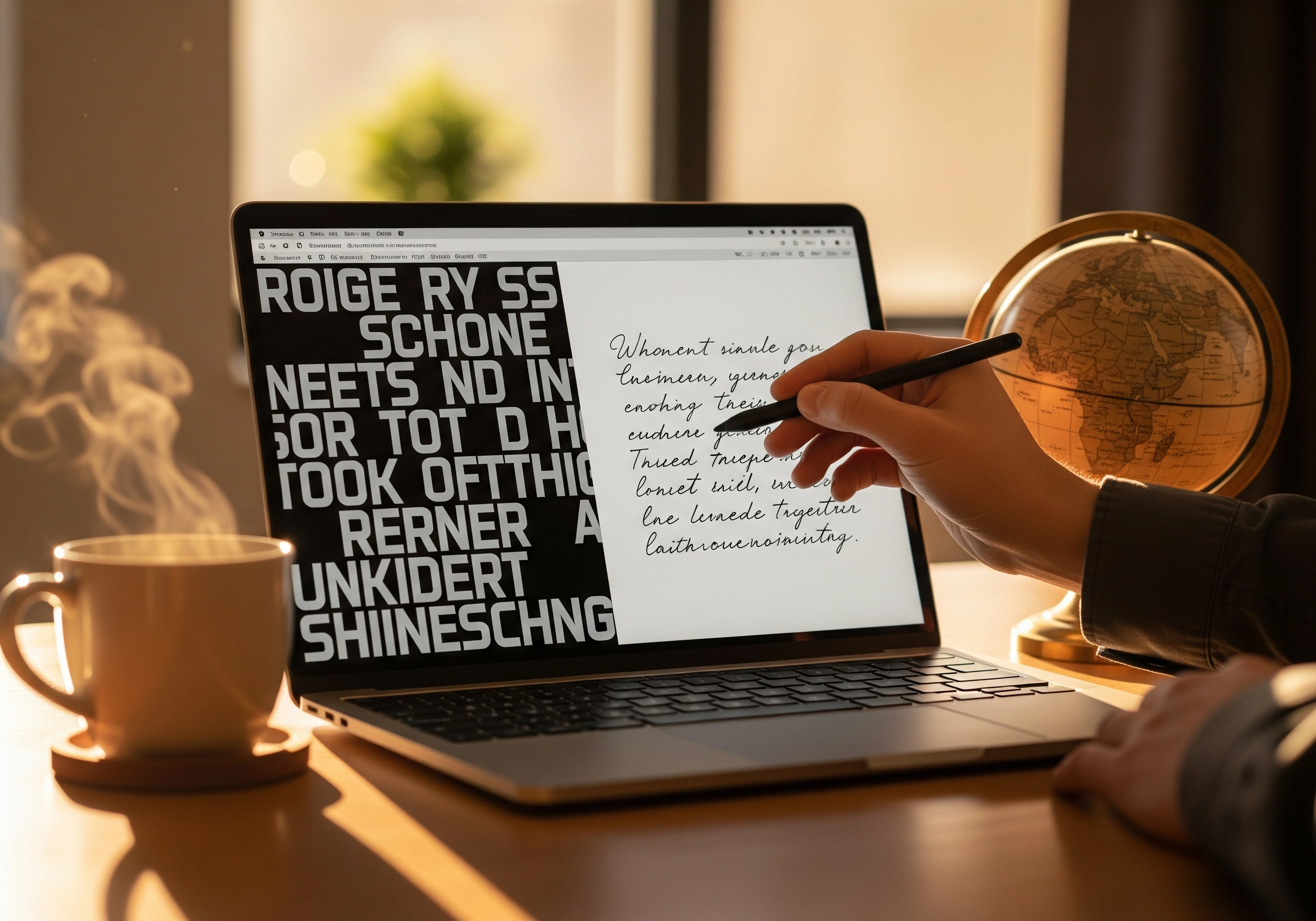 Person using stylus on laptop with text, cup of coffee, and globe.