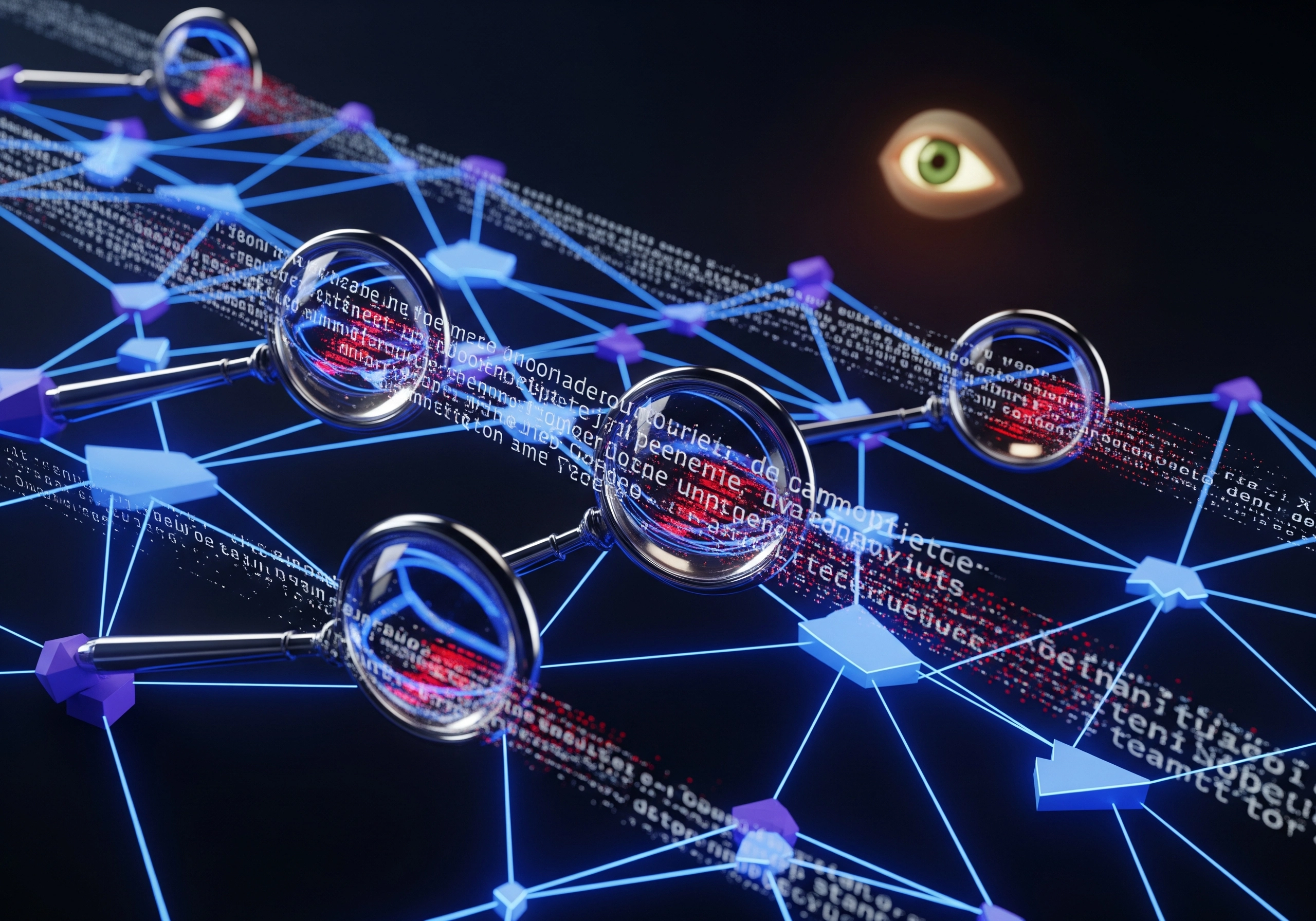 Magnifying glasses over code; concept for AI content detector scanning text.