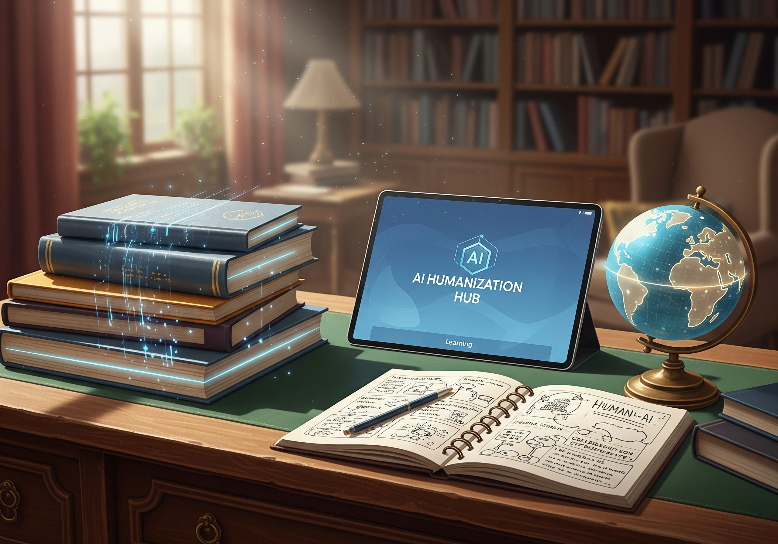 AI Humanization Hub on tablet with books, globe, and notebook. Humanize content concept.
