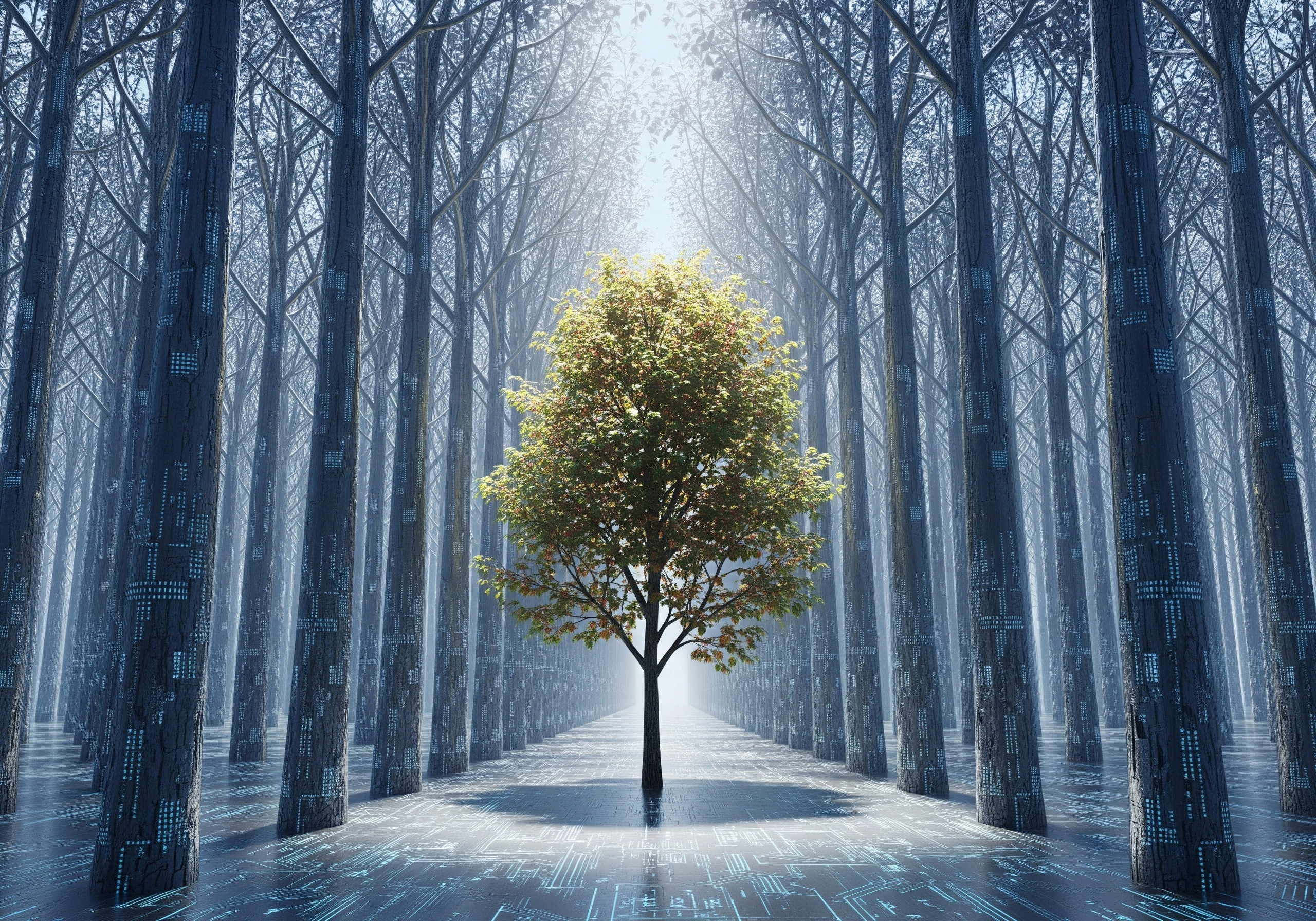 Single green tree stands out in a forest of trees resembling circuit boards.