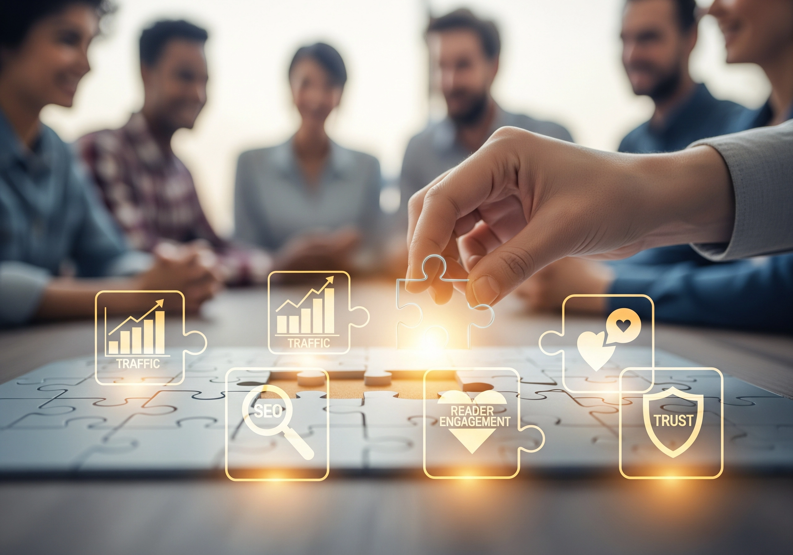 Hand adding puzzle piece with 'Reader Engagement' to complete SEO friendly blog.