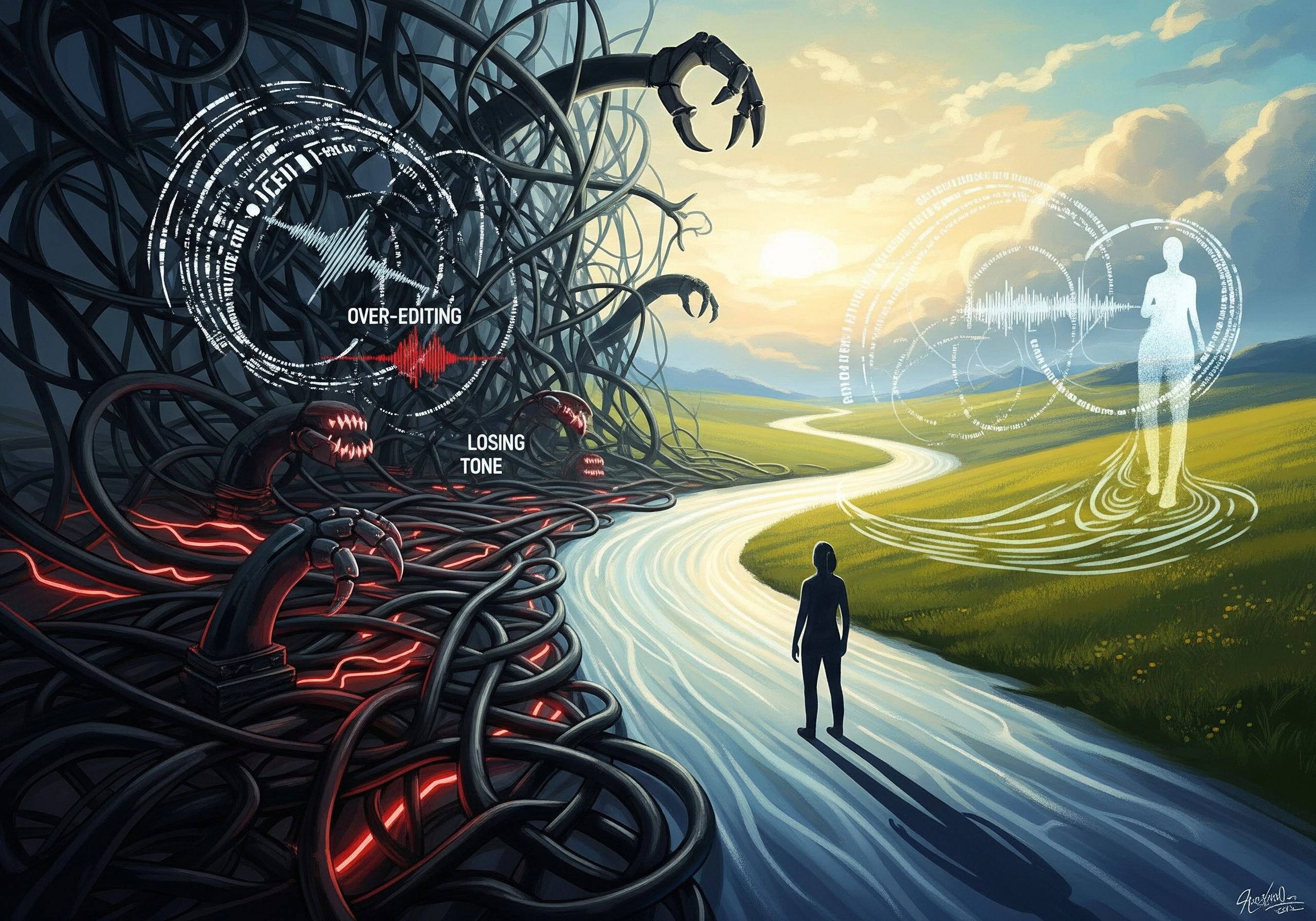 Abstract art showing path from AI over-editing to natural, authentic content tone.