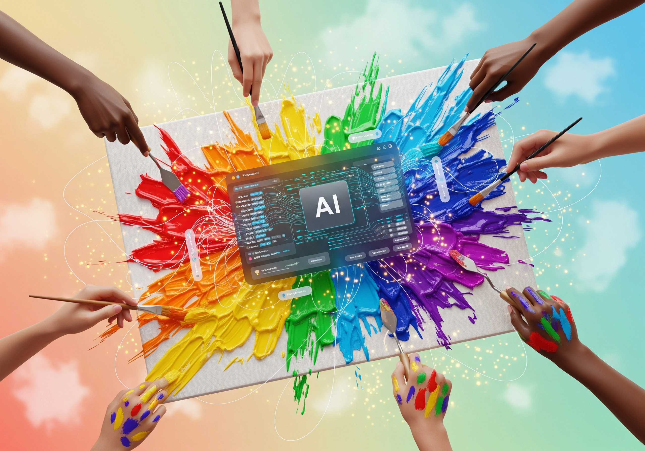 Hands painting an AI interface, illustrating AI humanization with colorful paint.