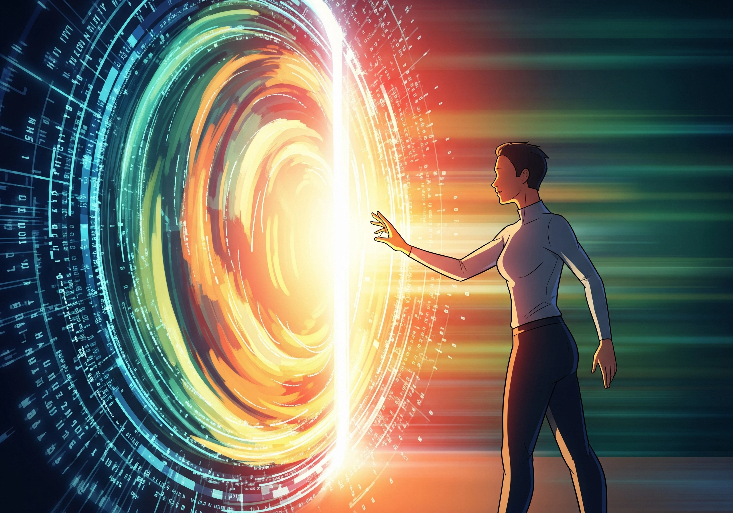 Woman reaching into a swirling portal, representing humanizing AI content.
