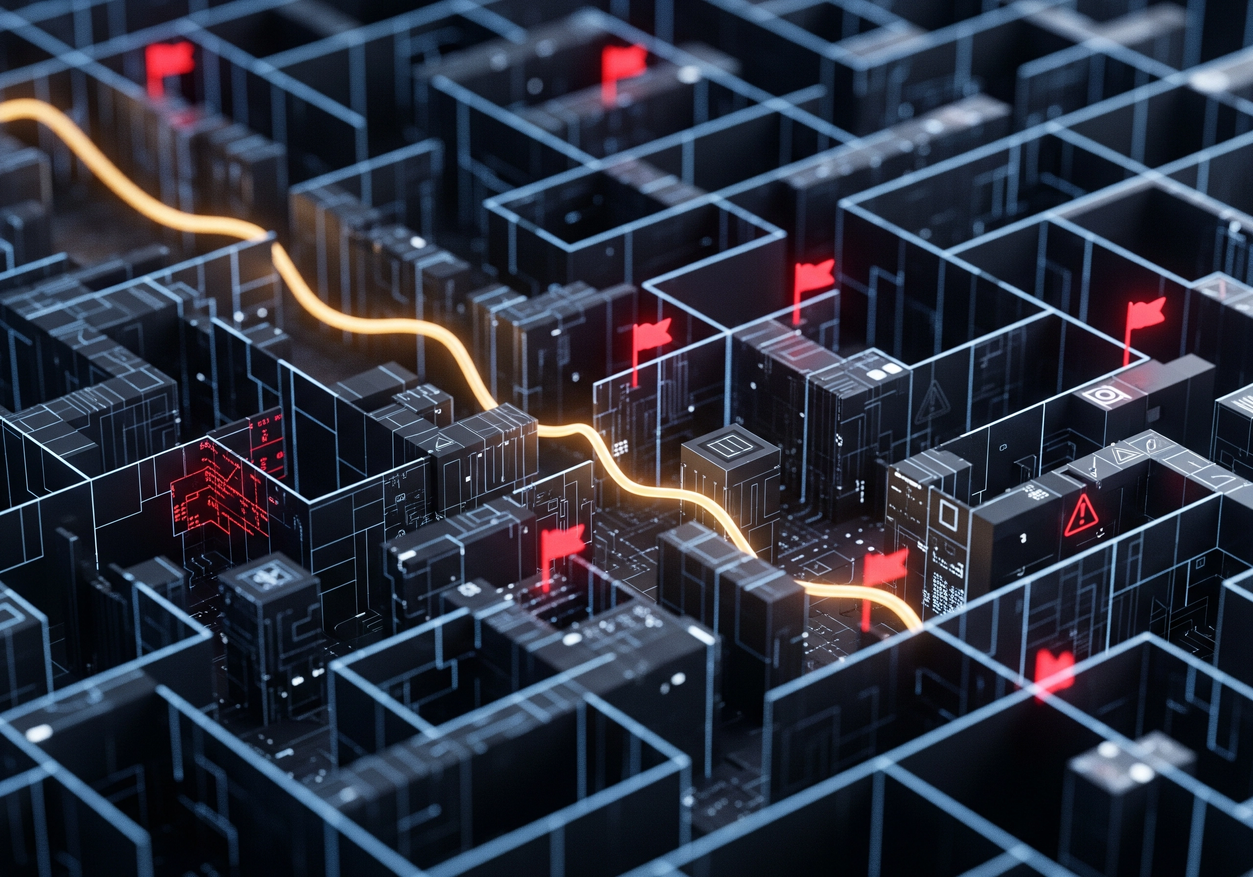 Circuit board maze with an illuminated path, concept for bypassing AI content detectors.