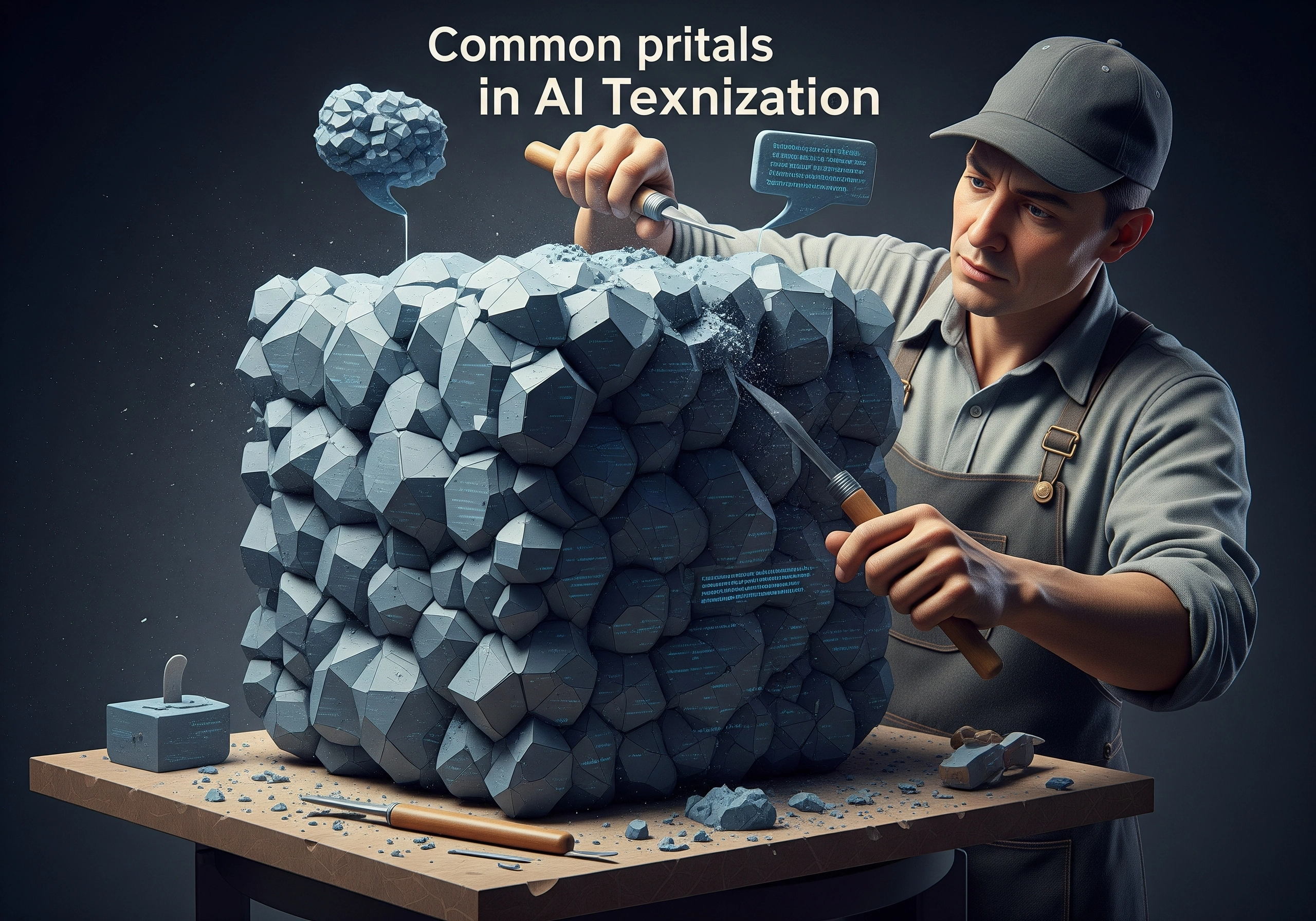 Man sculpting a block with chisels, representing the process to humanize AI blog writer content.