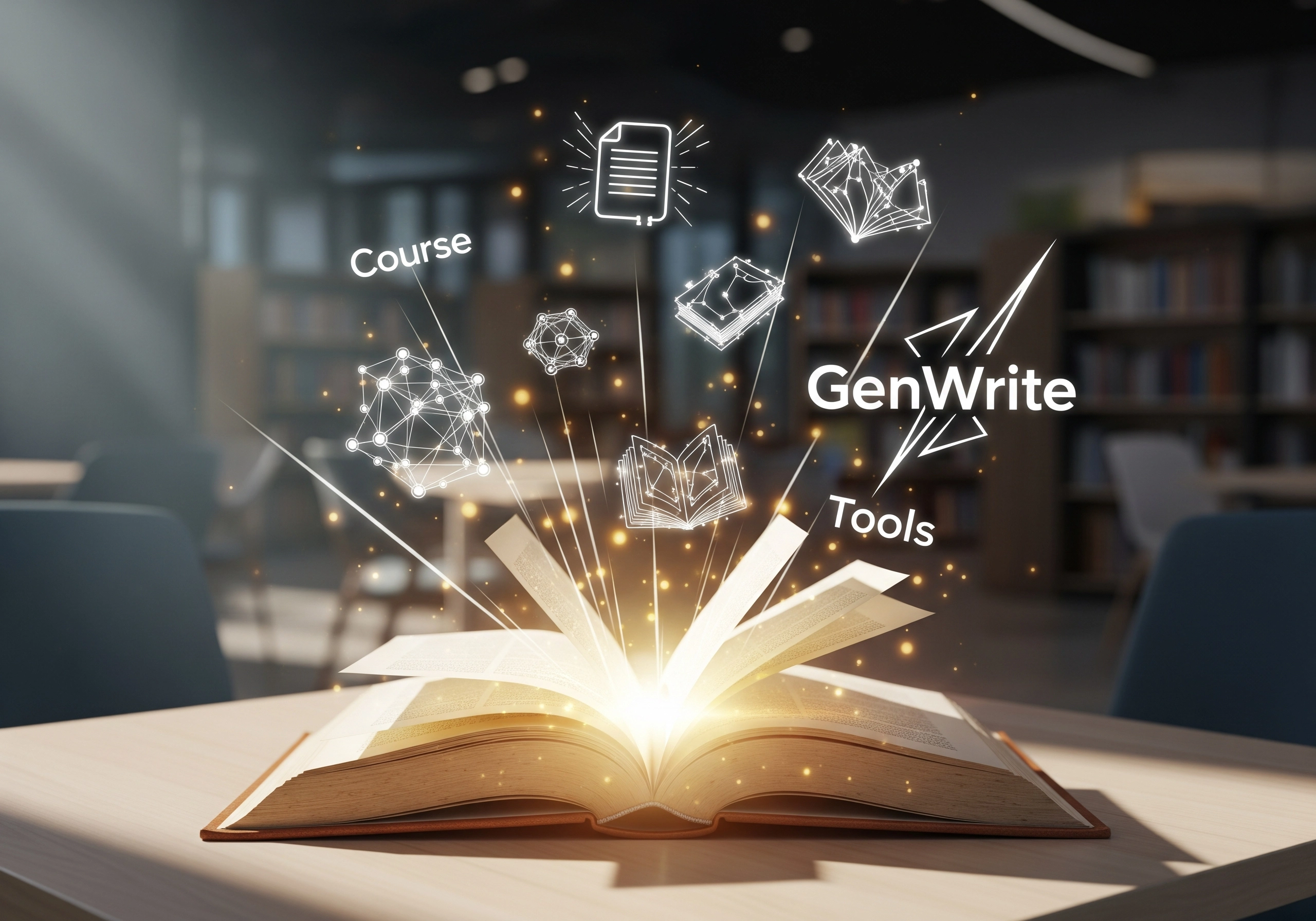 Open book with glowing icons, symbolizing AI content writing tools for creating SEO-friendly blogs.