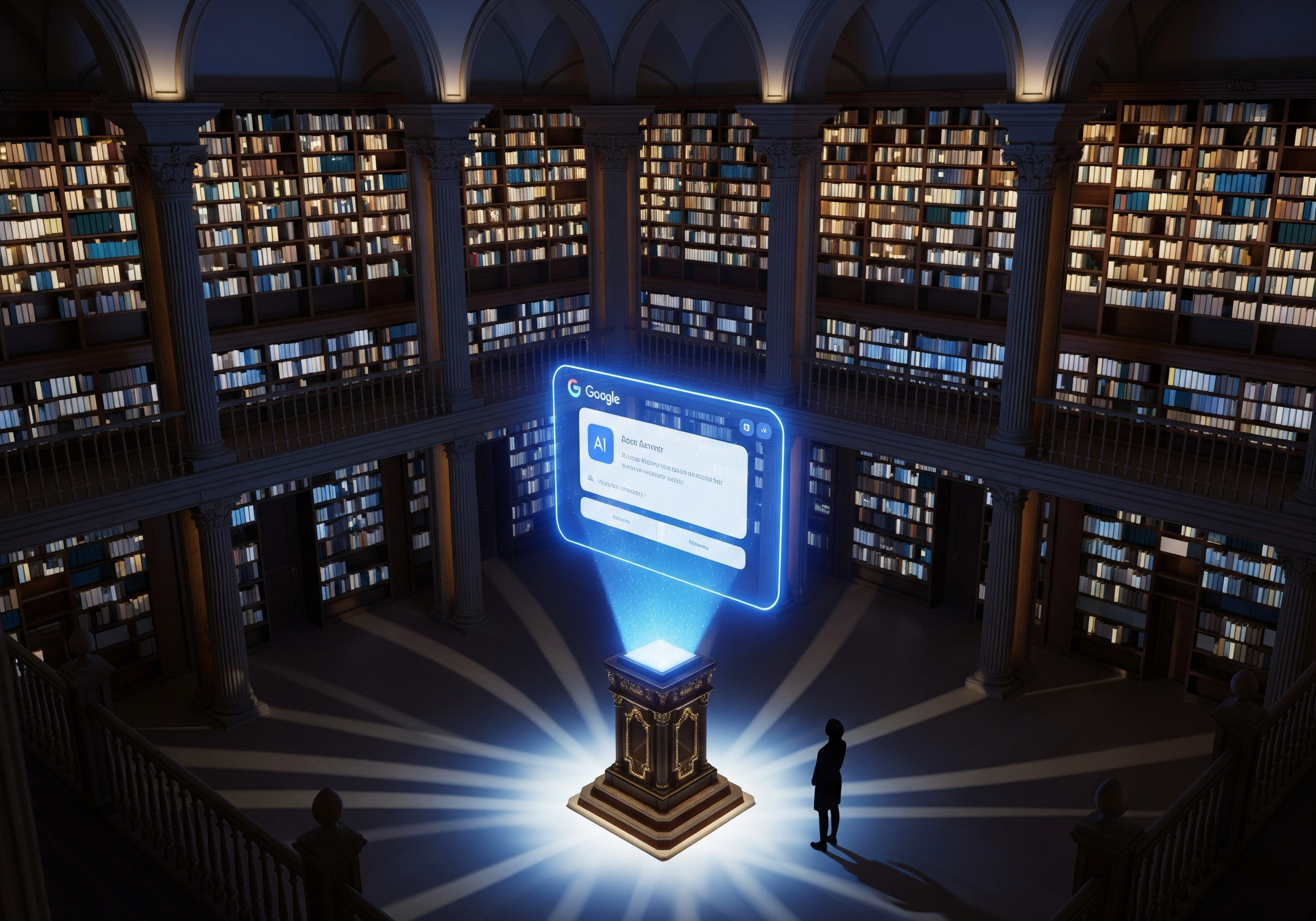 Google AI Overview displayed as hologram in a library setting.